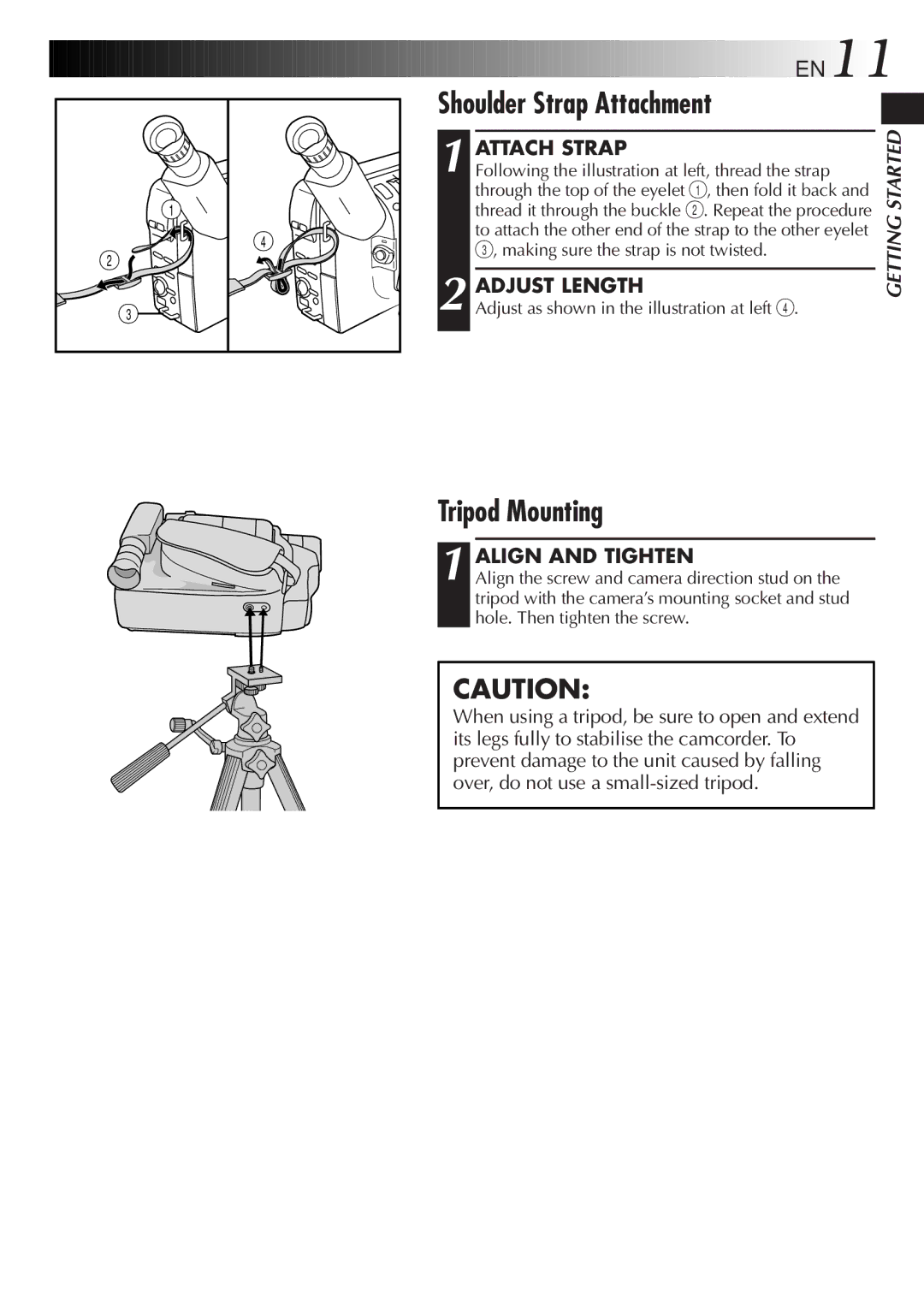 JVC GR-FXM25 manual Shoulder Strap Attachment, Tripod Mounting, Attach Strap, Adjust Length, Align and Tighten 