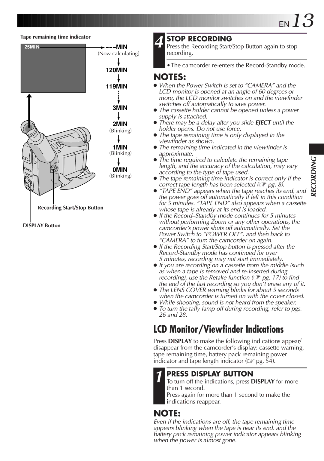 JVC GR-FXM25 manual Stop Recording, Press Display Button 