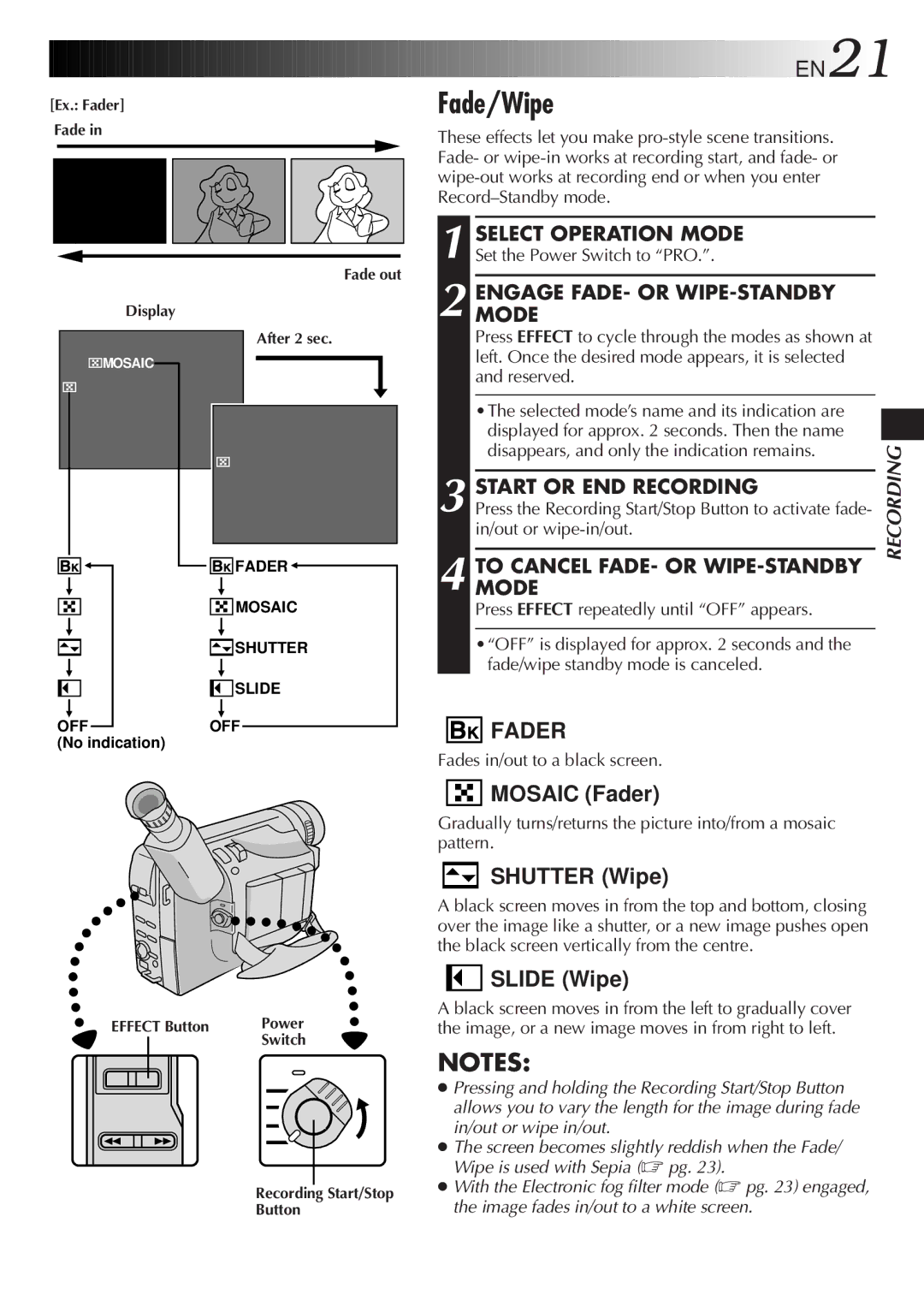 JVC GR-FXM25 manual Fade/Wipe, Engagemode FADE- or WIPE-STANDBY, Start or END Recording 