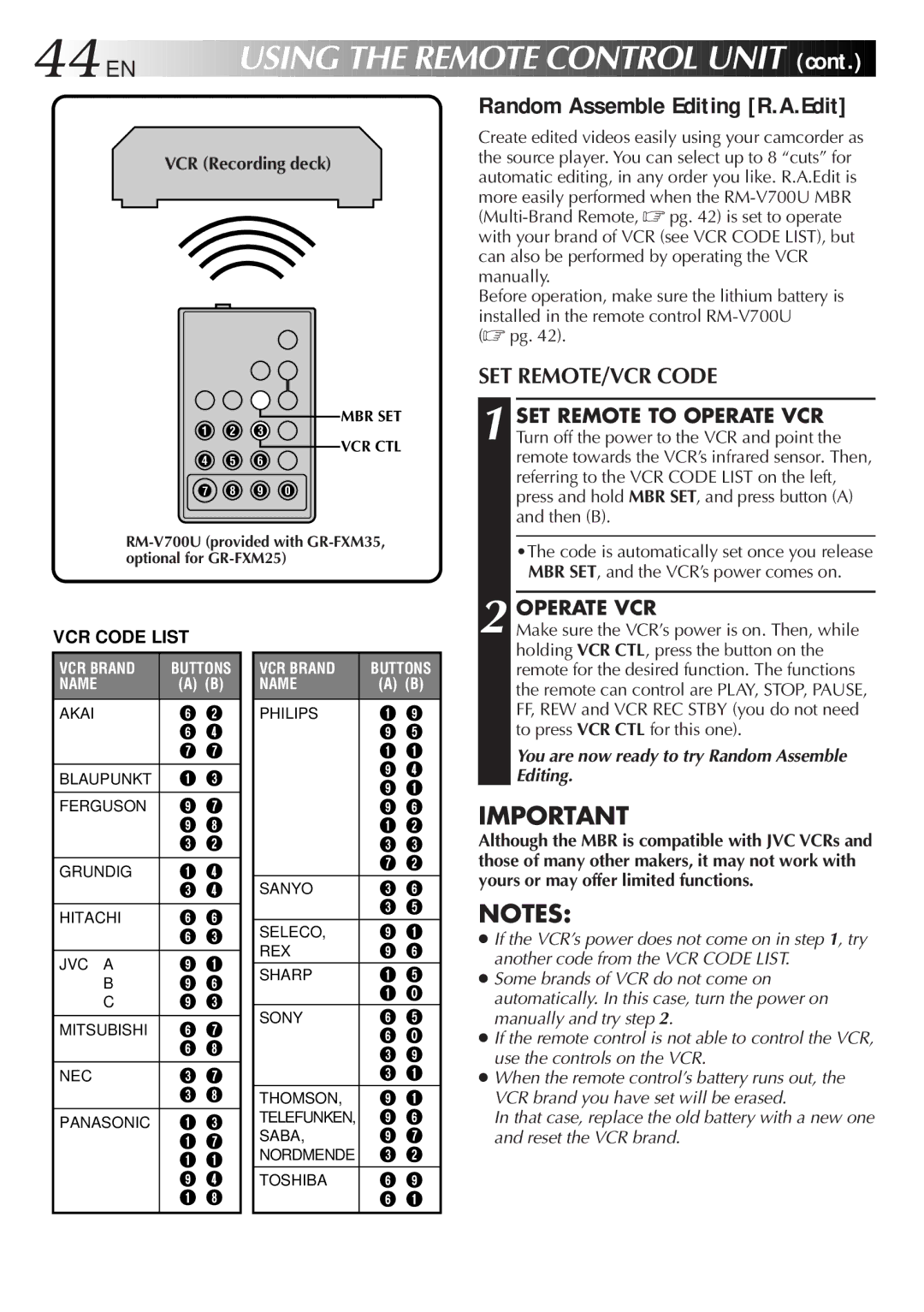 JVC GR-FXM25 manual Using the Remote Control Unit, SET REMOTE/VCR Code, Operate VCR 