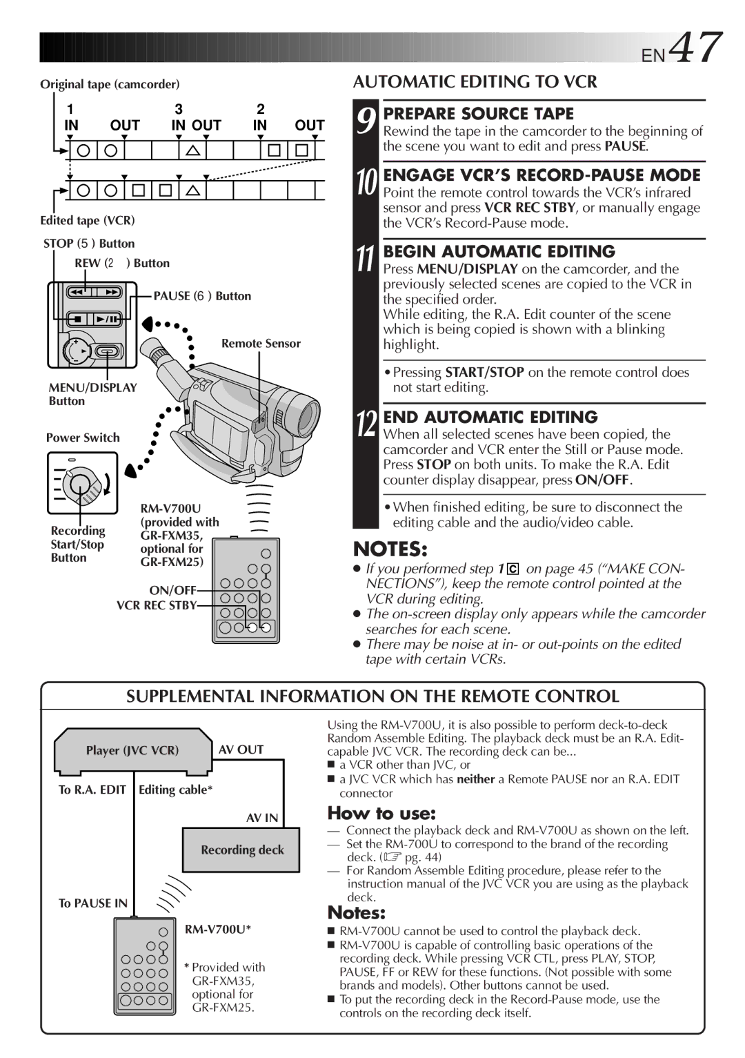 JVC GR-FXM25 manual Automatic Editing to VCR, Supplemental Information on the Remote Control, How to use 