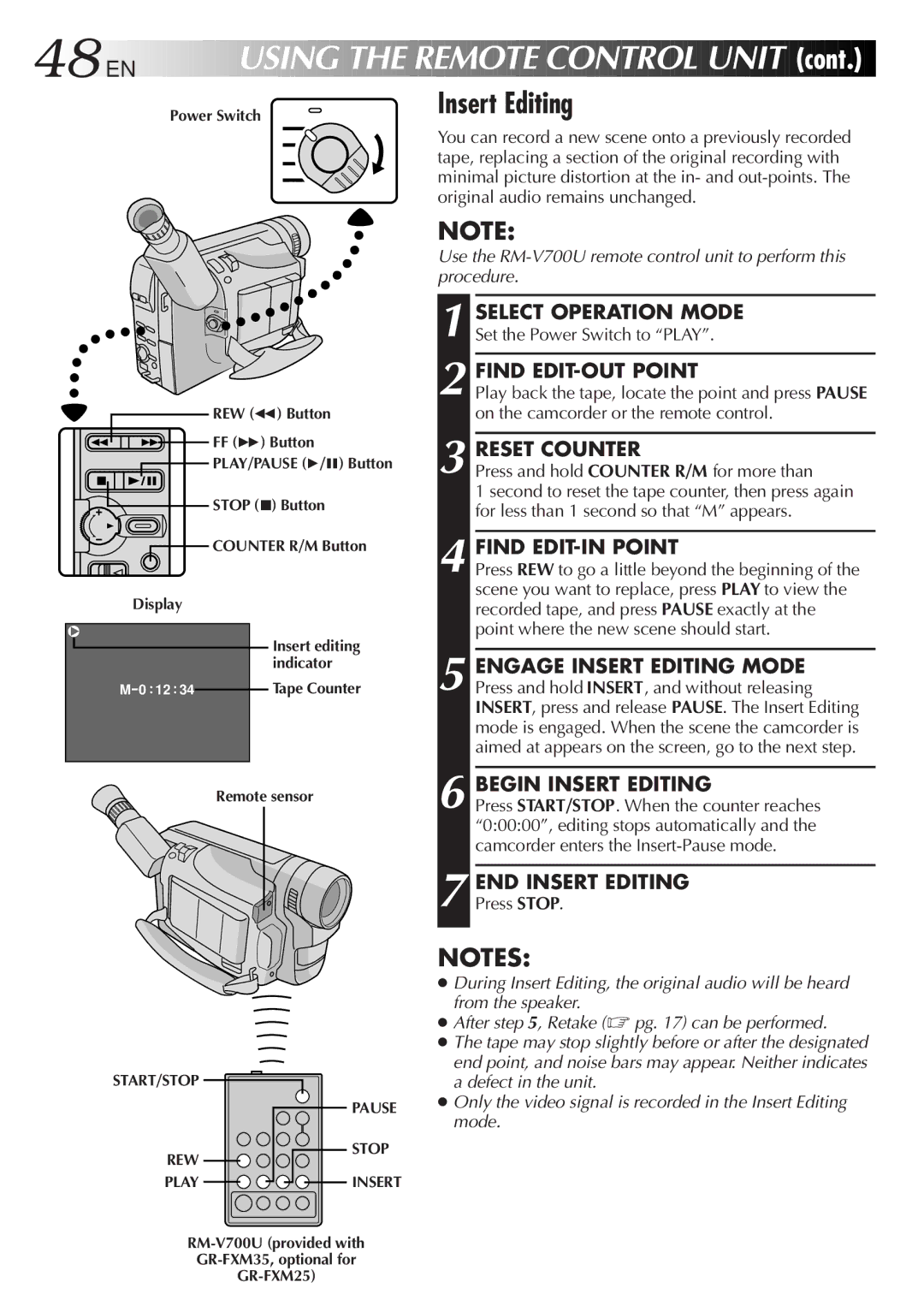 JVC GR-FXM25 manual EN Using the Remote Control Unit, Insert Editing 