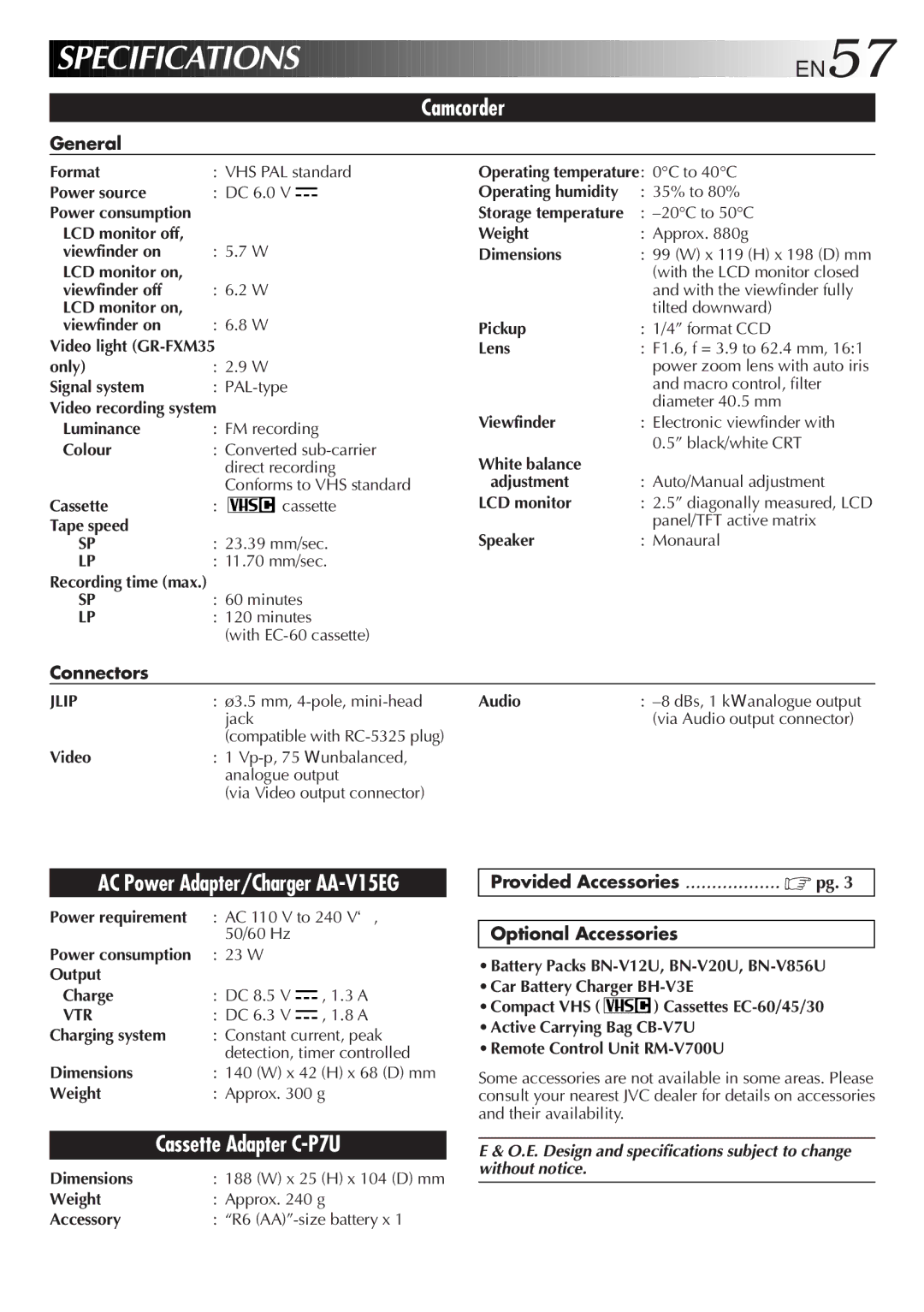 JVC GR-FXM25 manual General, Connectors, Provided Accessories Optional Accessories 