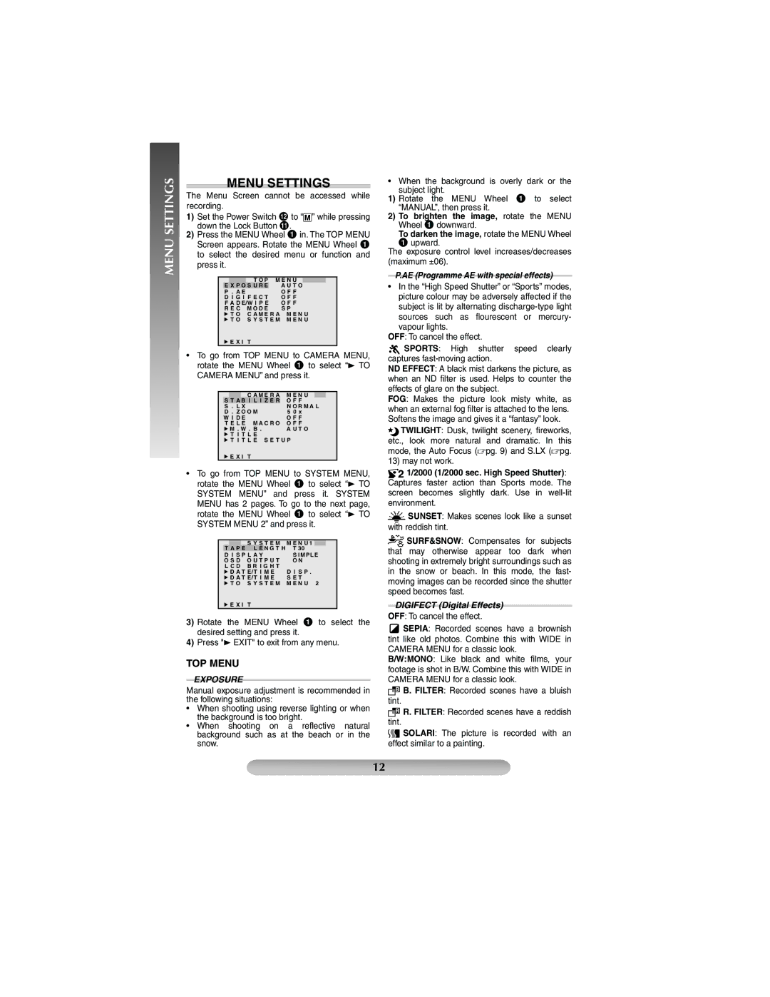 JVC GR-FXM41, GR-FX17 manual Menu Settings, TOP Menu, Exposure, 2000 1/2000 sec. High Speed Shutter 