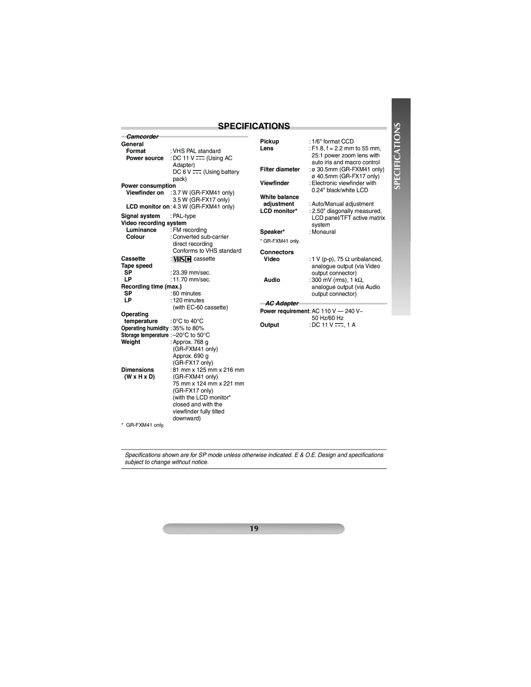 JVC GR-FX17, GR-FXM41 manual Specifications 