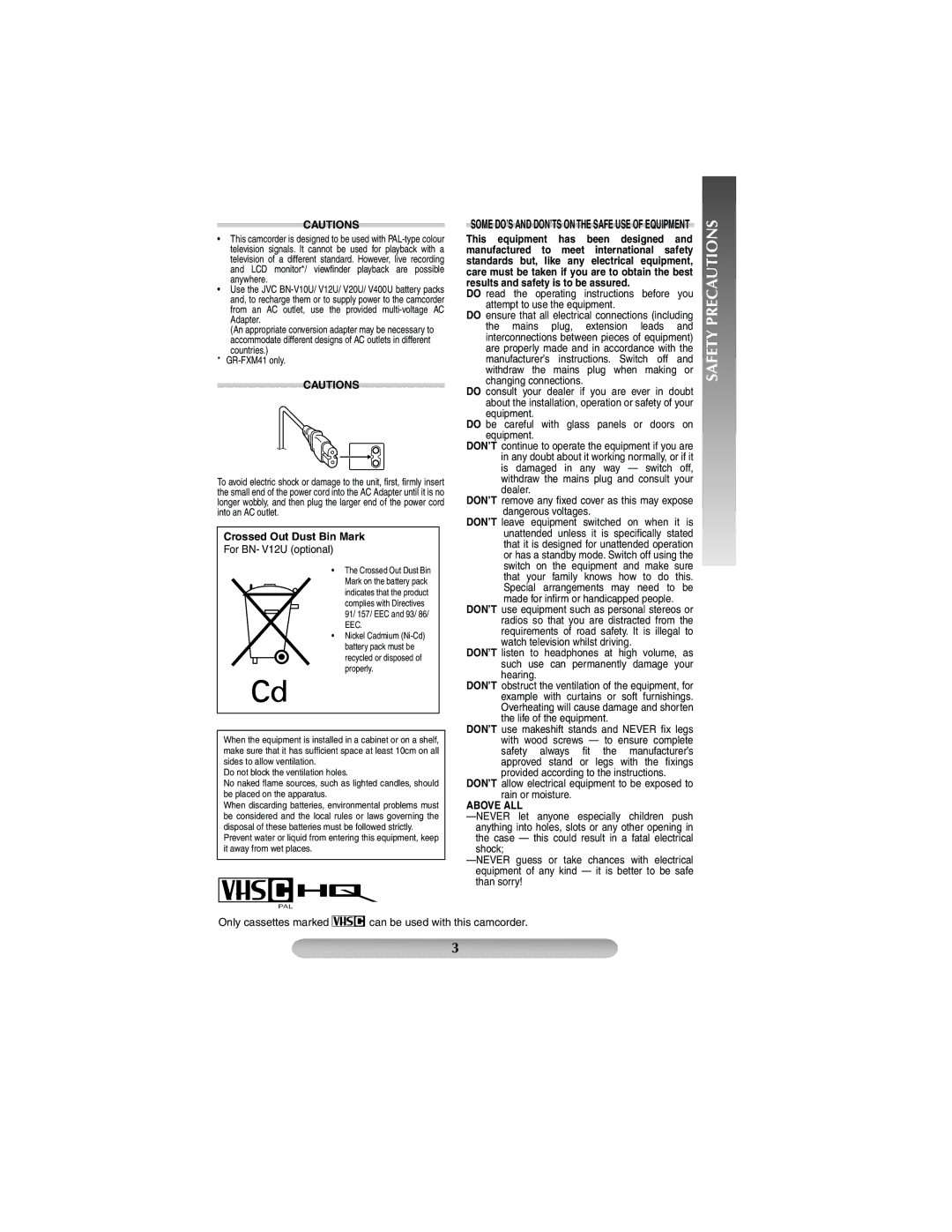 JVC GR-FX17, GR-FXM41 manual Safety Precautions, Crossed Out Dust Bin Mark 