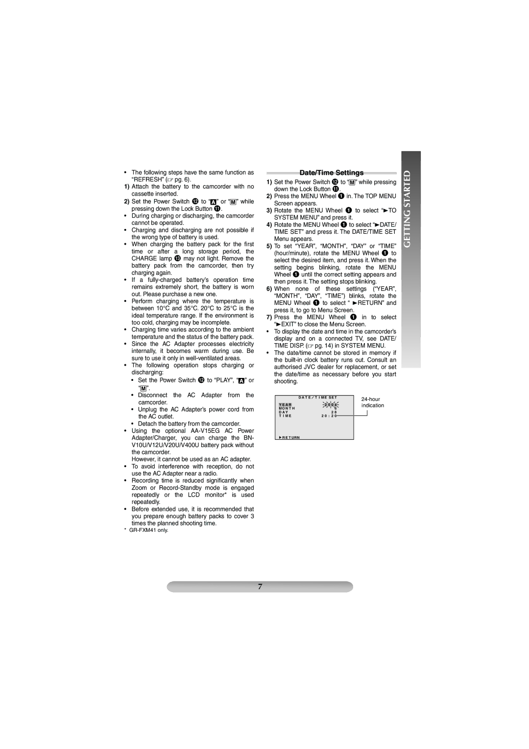 JVC GR-FX17, GR-FXM41 manual Date/Time Settings 