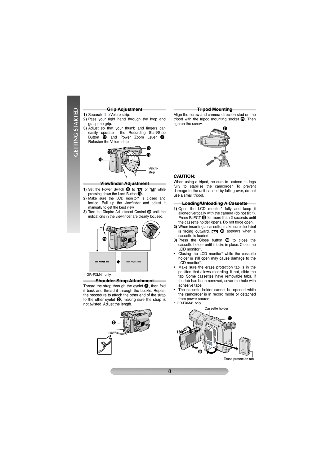 JVC GR-FXM41, GR-FX17 manual Grip Adjustment, Viewﬁnder Adjustment, Shoulder Strap Attachment, Tripod Mounting 