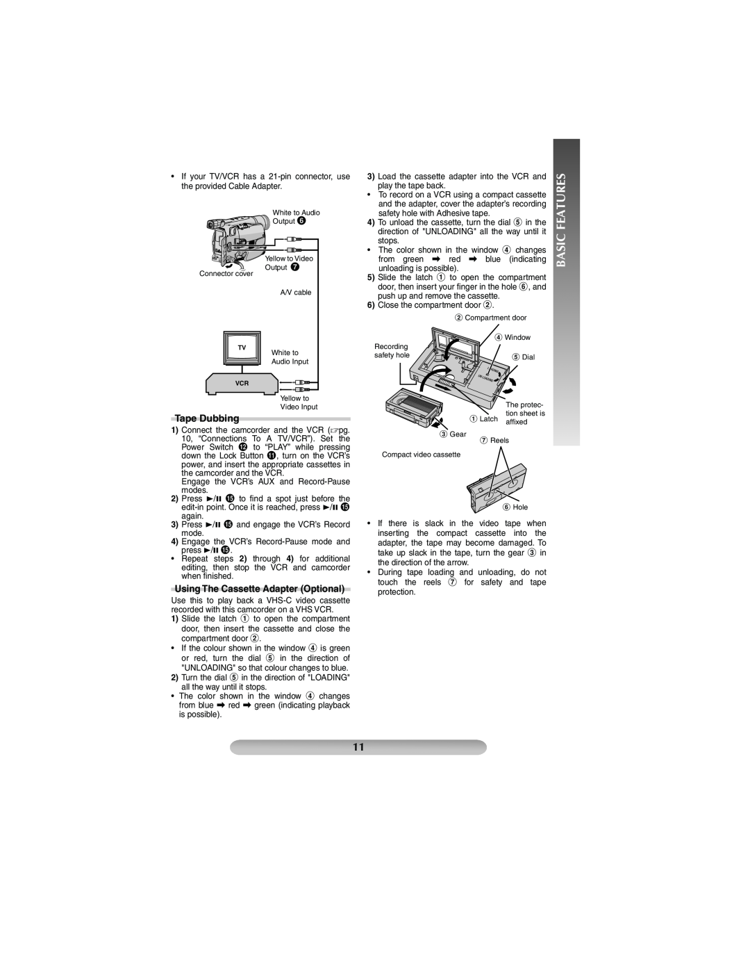 JVC GR-FX17, GR-FXM41 manual Tape Dubbing, Using The Cassette Adapter Optional, Basic Features 