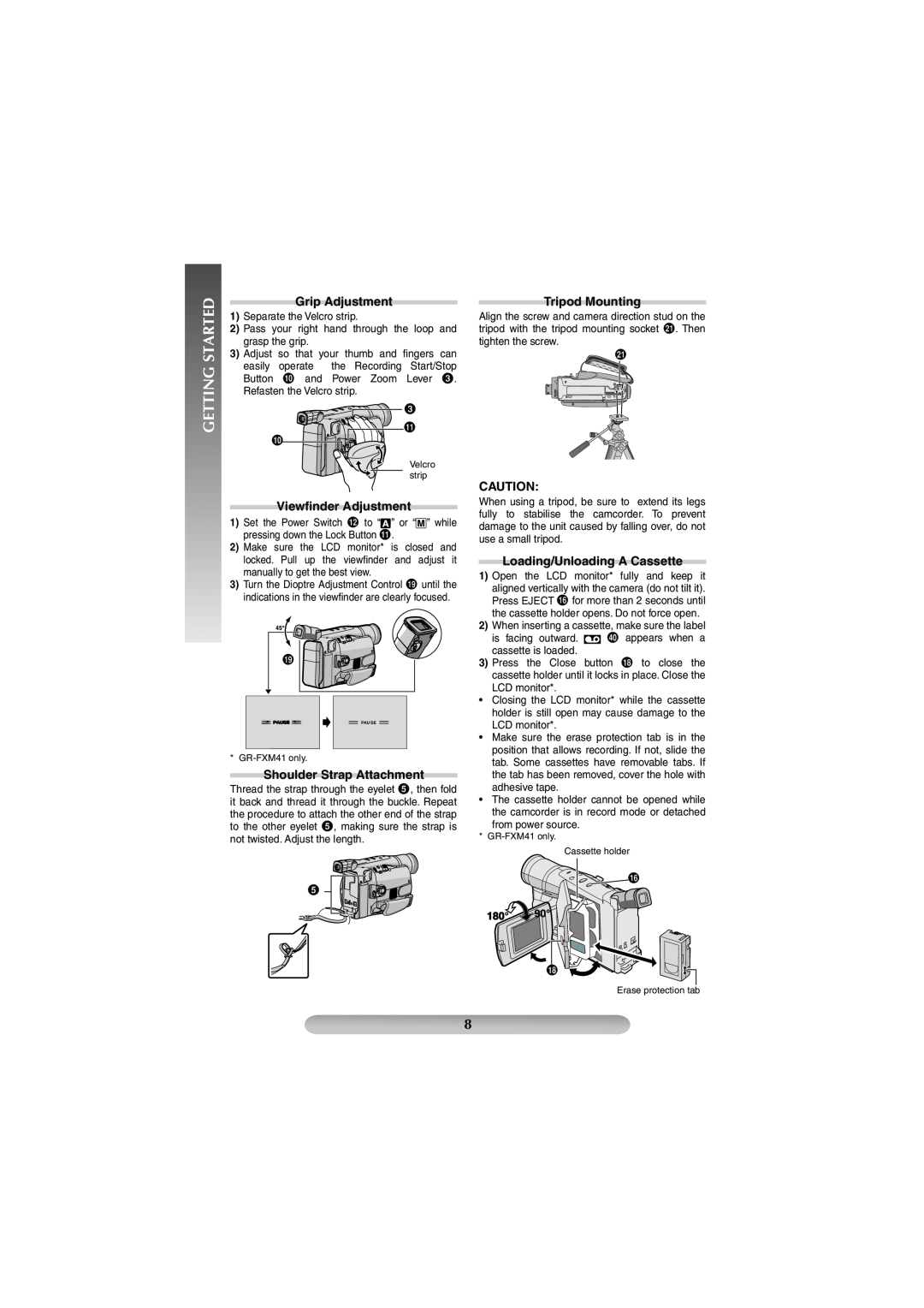 JVC GR-FXM41, GR-FX17 manual Grip Adjustment, Viewﬁnder Adjustment, Shoulder Strap Attachment, Tripod Mounting, Started 