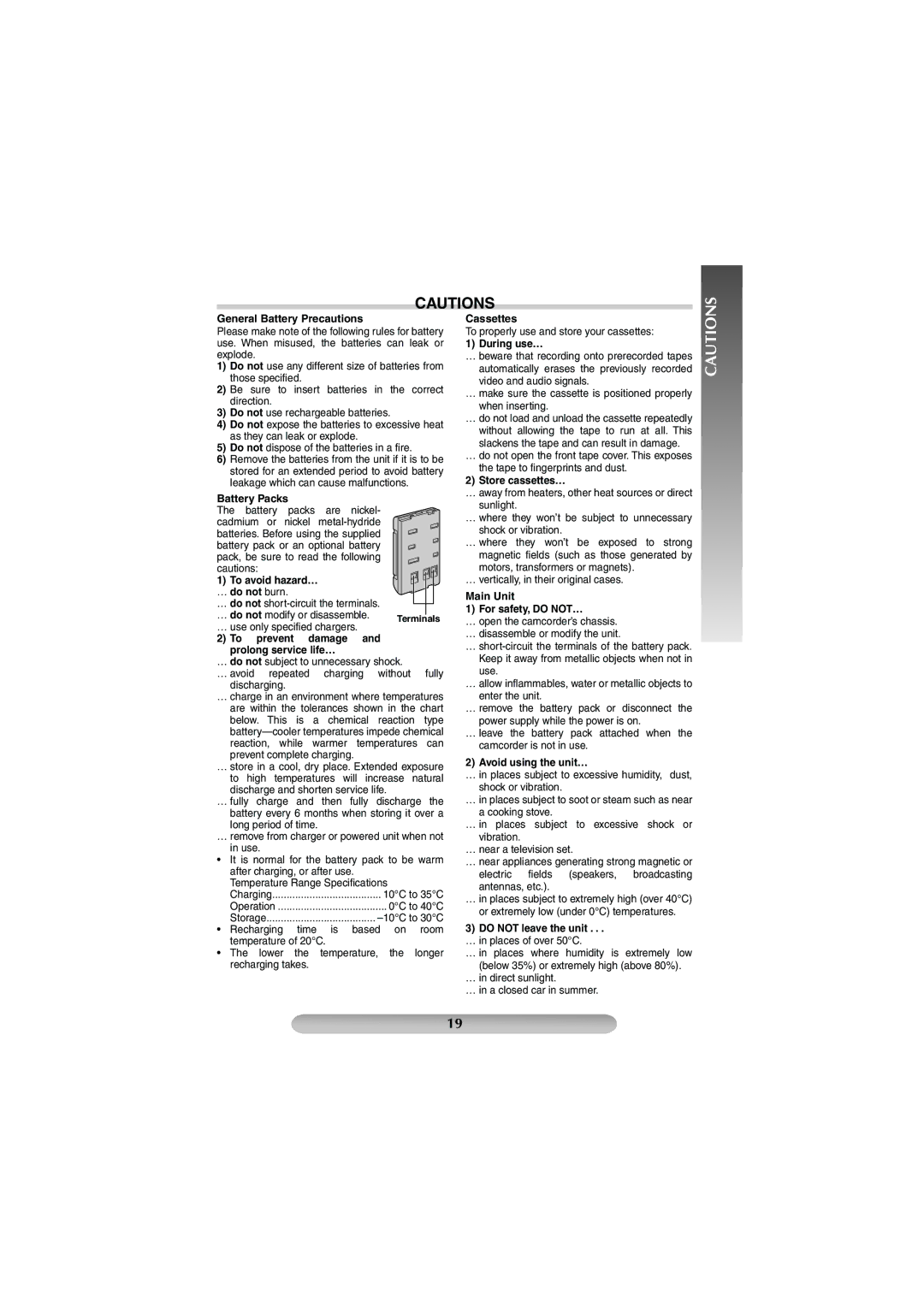 JVC GR-FXM42EK manual General Battery Precautions, Battery Packs, To prevent damage and prolong service life…, Cassettes 