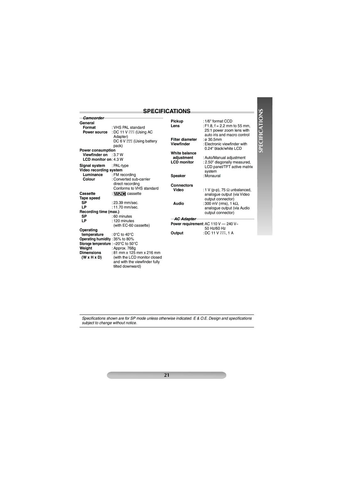 JVC GR-FXM42EK manual Specifications 