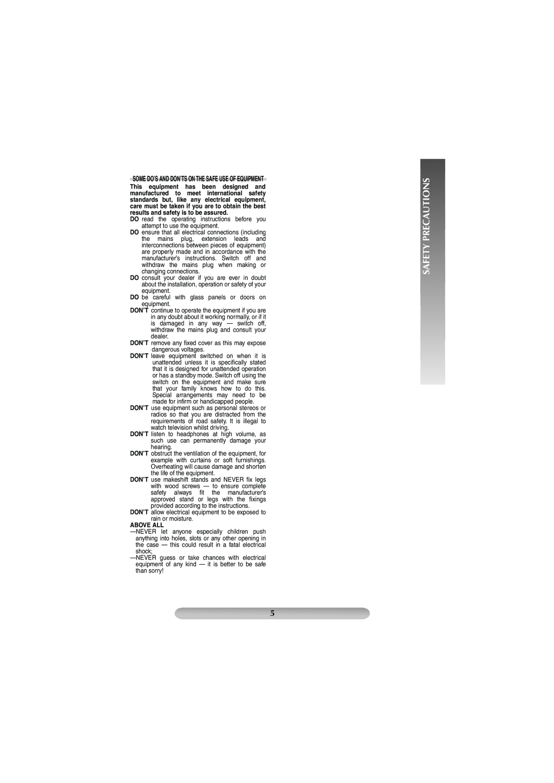 JVC GR-FXM42EK manual Some DO’S and DON’TS on the Safe USE of Equipment, Above ALL 