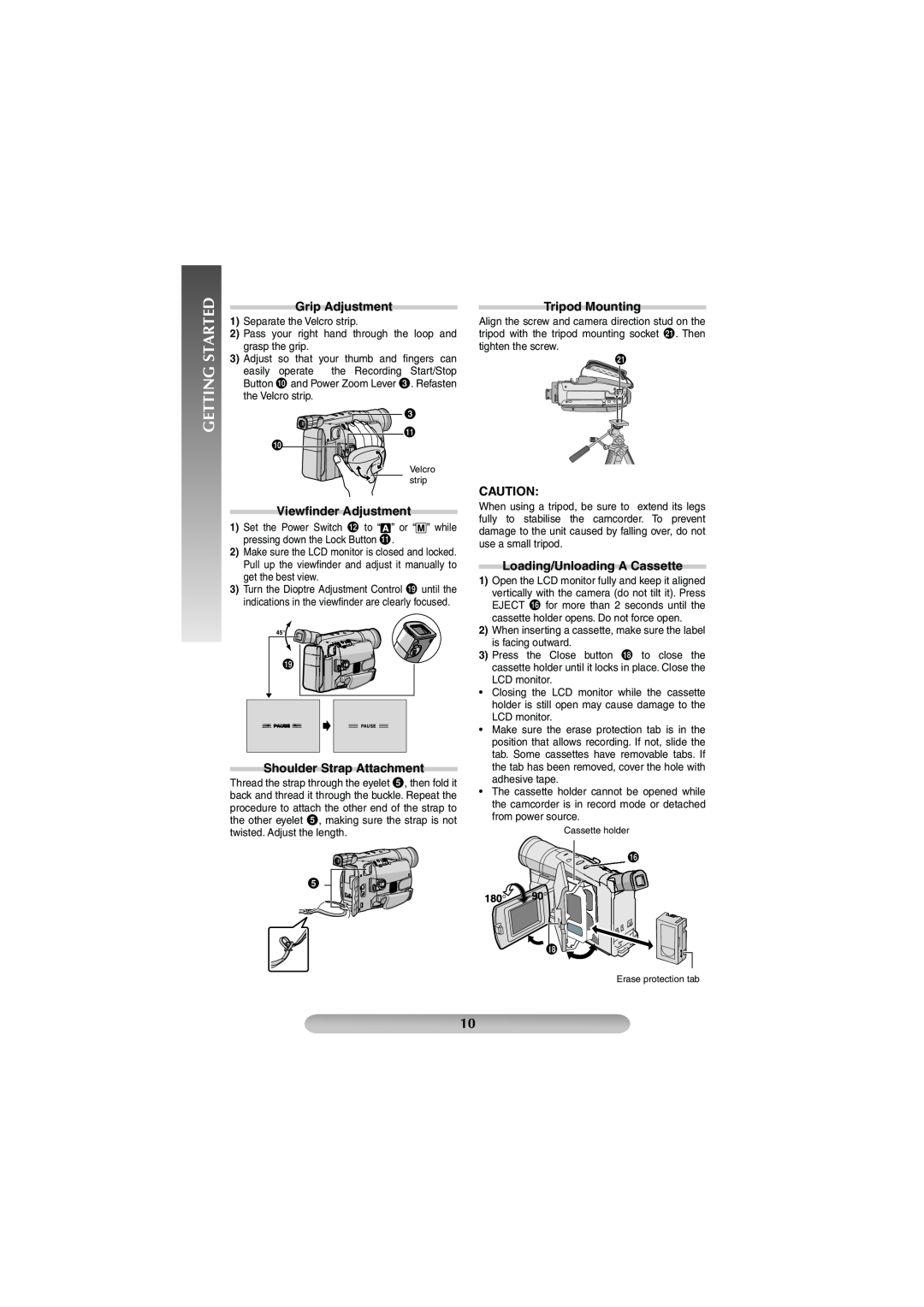 JVC GR-FXM42EK manual Grip Adjustment, Viewﬁnder Adjustment, Shoulder Strap Attachment, Tripod Mounting 