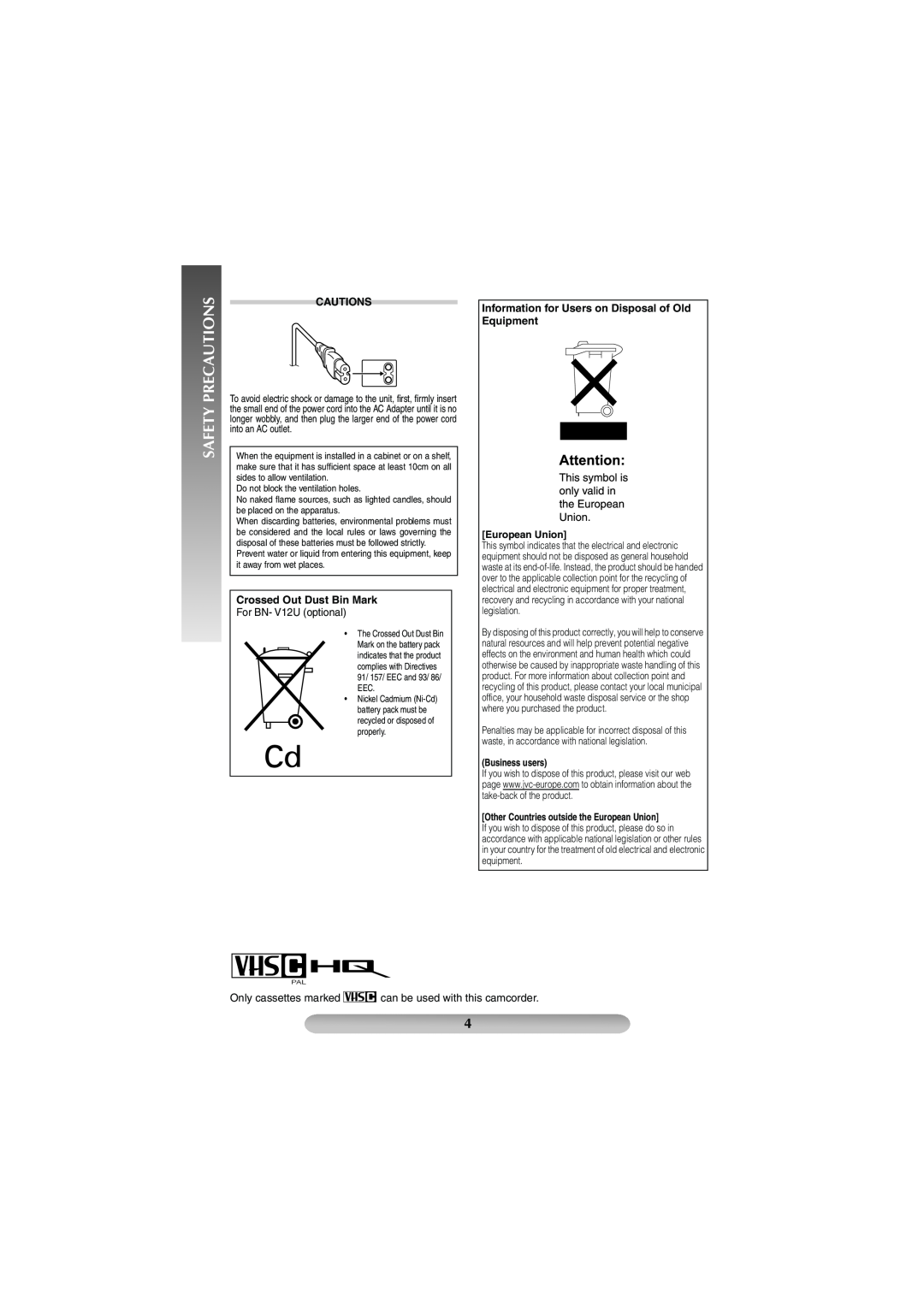 JVC GR-FXM42EK Crossed Out Dust Bin Mark, Information for Users on Disposal of Old Equipment European Union, Cautions 