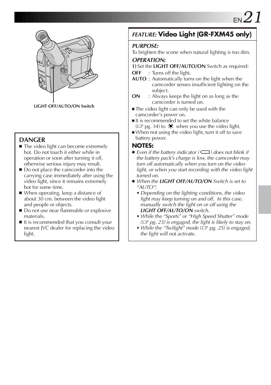 JVC specifications Feature Video Light GR-FXM45 only, To brighten the scene when natural lighting is too dim 