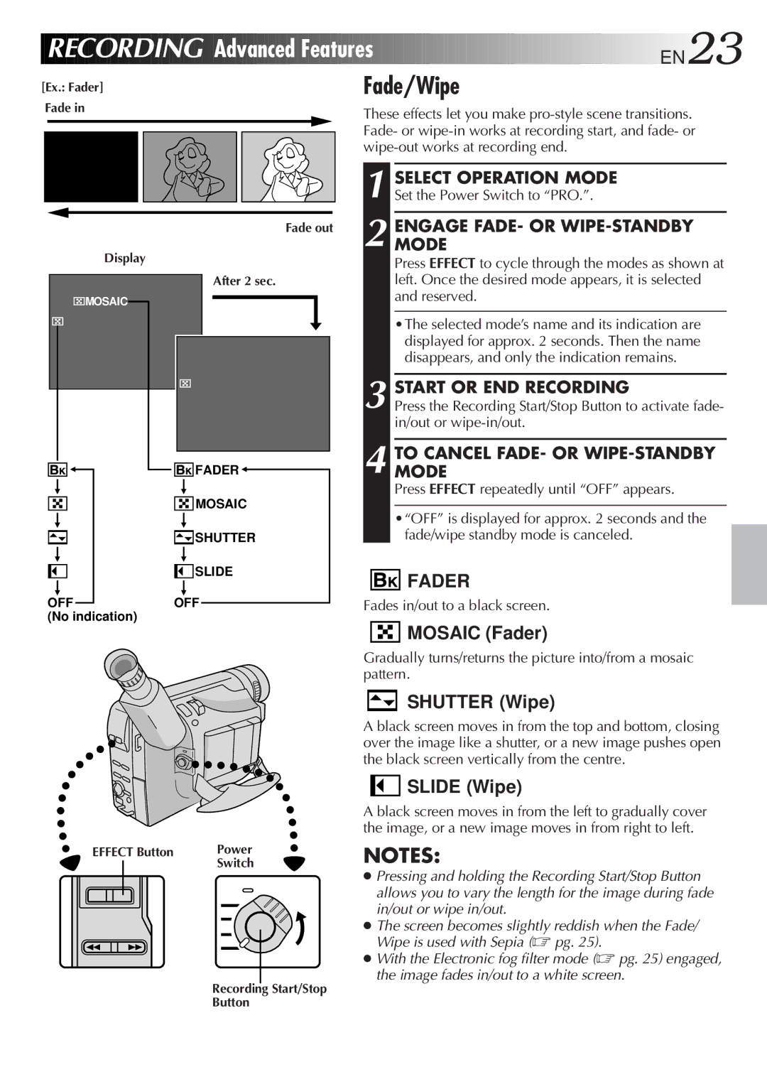 JVC GR-FXM45 Recording Advanced Features EN23, Fade/Wipe, Start or END Recording, Tomodecancel FADE- or WIPE-STANDBY 