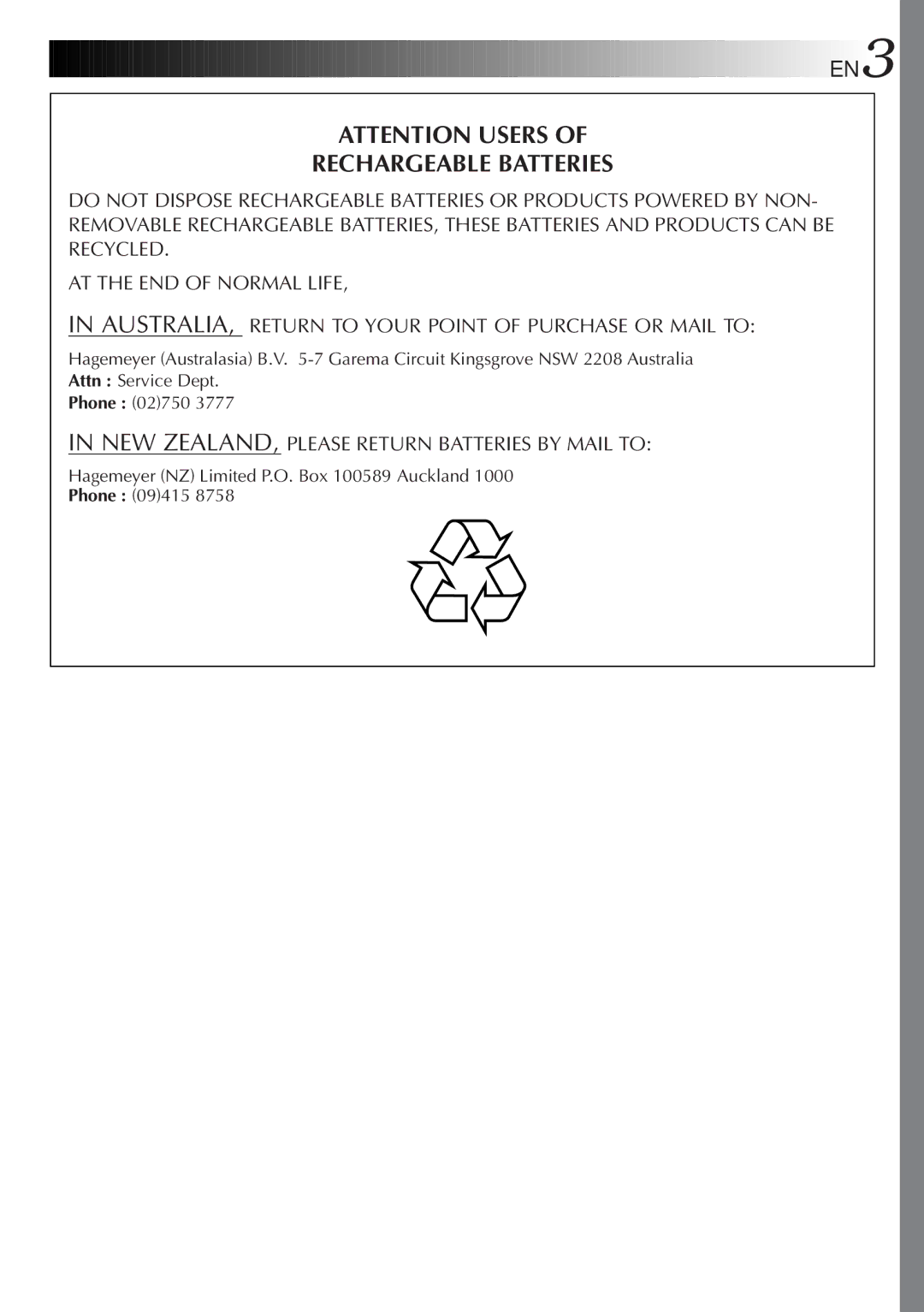 JVC GR-FXM45 specifications Rechargeable Batteries, Hagemeyer NZ Limited P.O. Box 100589 Auckland Phone 09415 