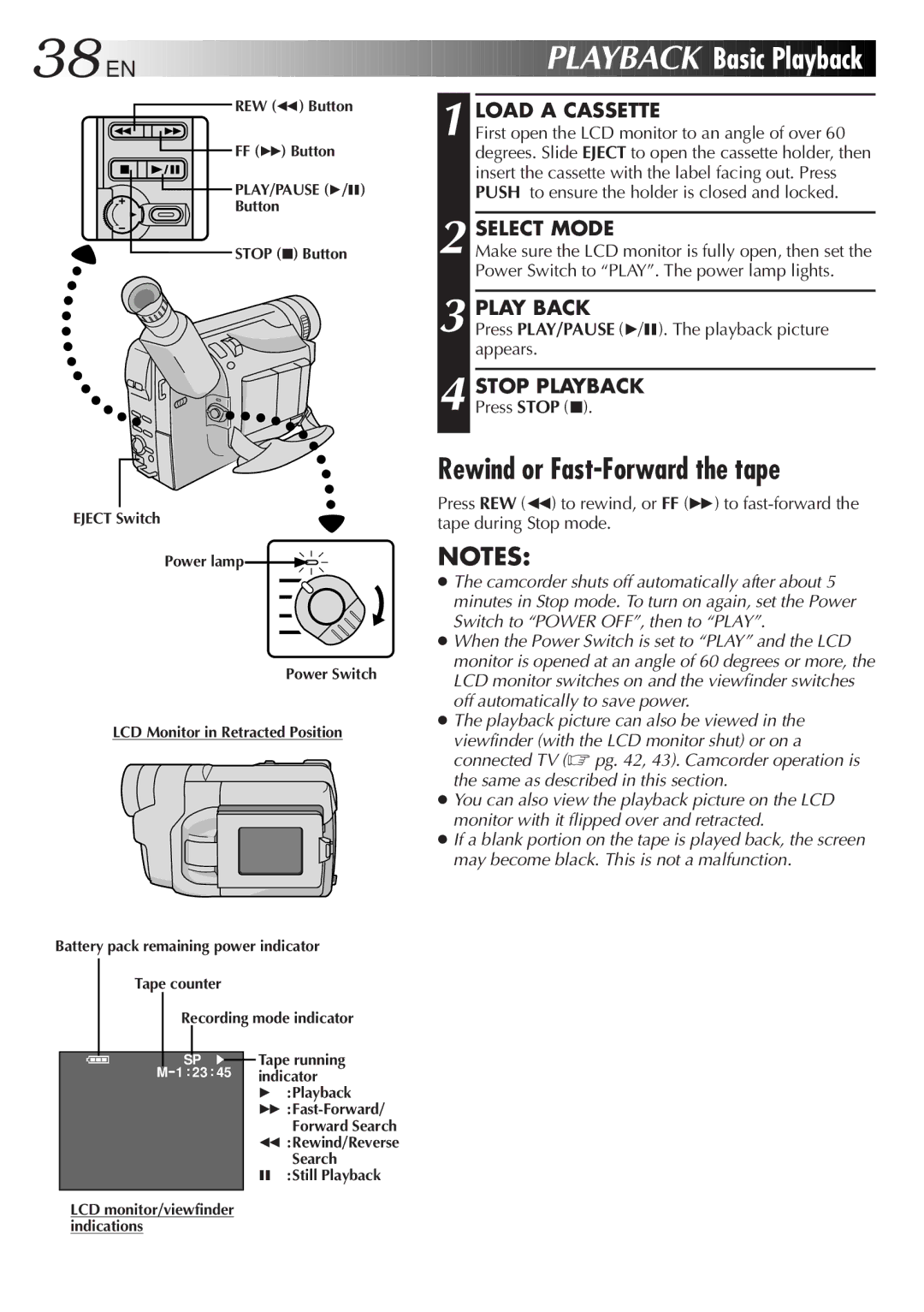 JVC GR-FXM45 specifications Playback Basic Playback, Rewind or Fast-Forward the tape, Play Back, Stop Playback 