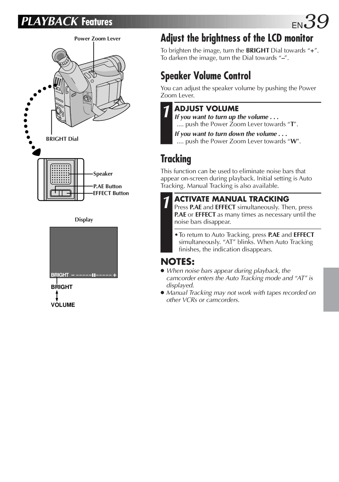 JVC GR-FXM45 Speaker Volume Control, Adjust Volume, Activate Manual Tracking, If you want to turn up the volume 