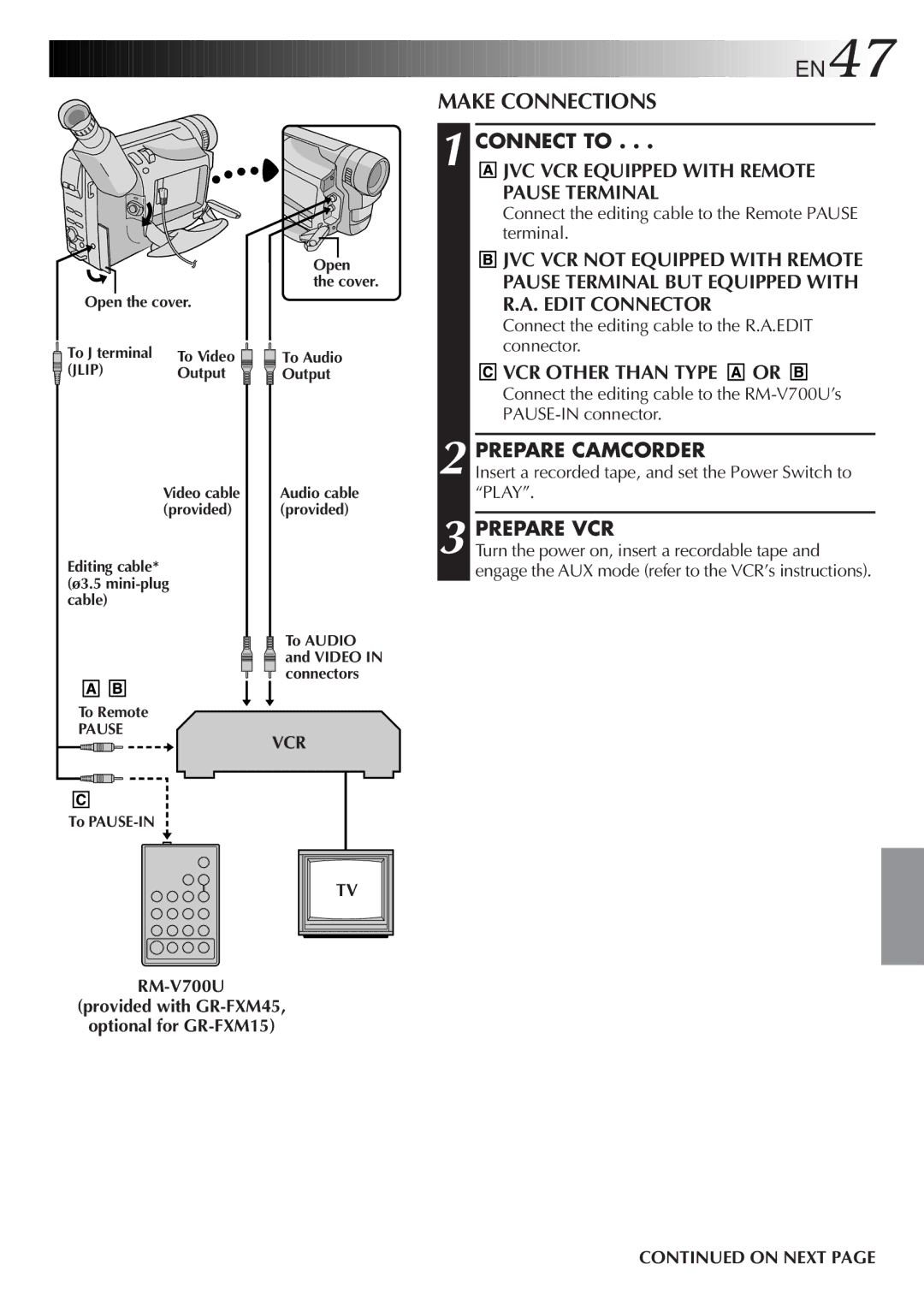 JVC GR-FXM45 Make Connections, JVC VCR Equipped with Remote Pause Terminal, VCR Other than Type or, Prepare Camcorder 
