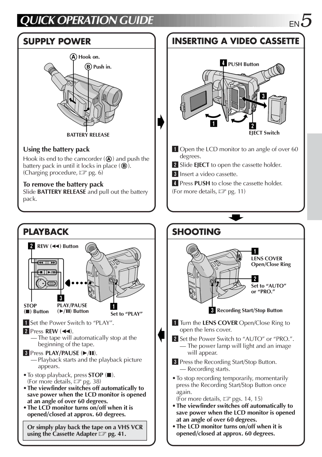 JVC GR-FXM45 specifications Quick Operation Guide EN5, Slide Battery Release and pull out the battery pack 