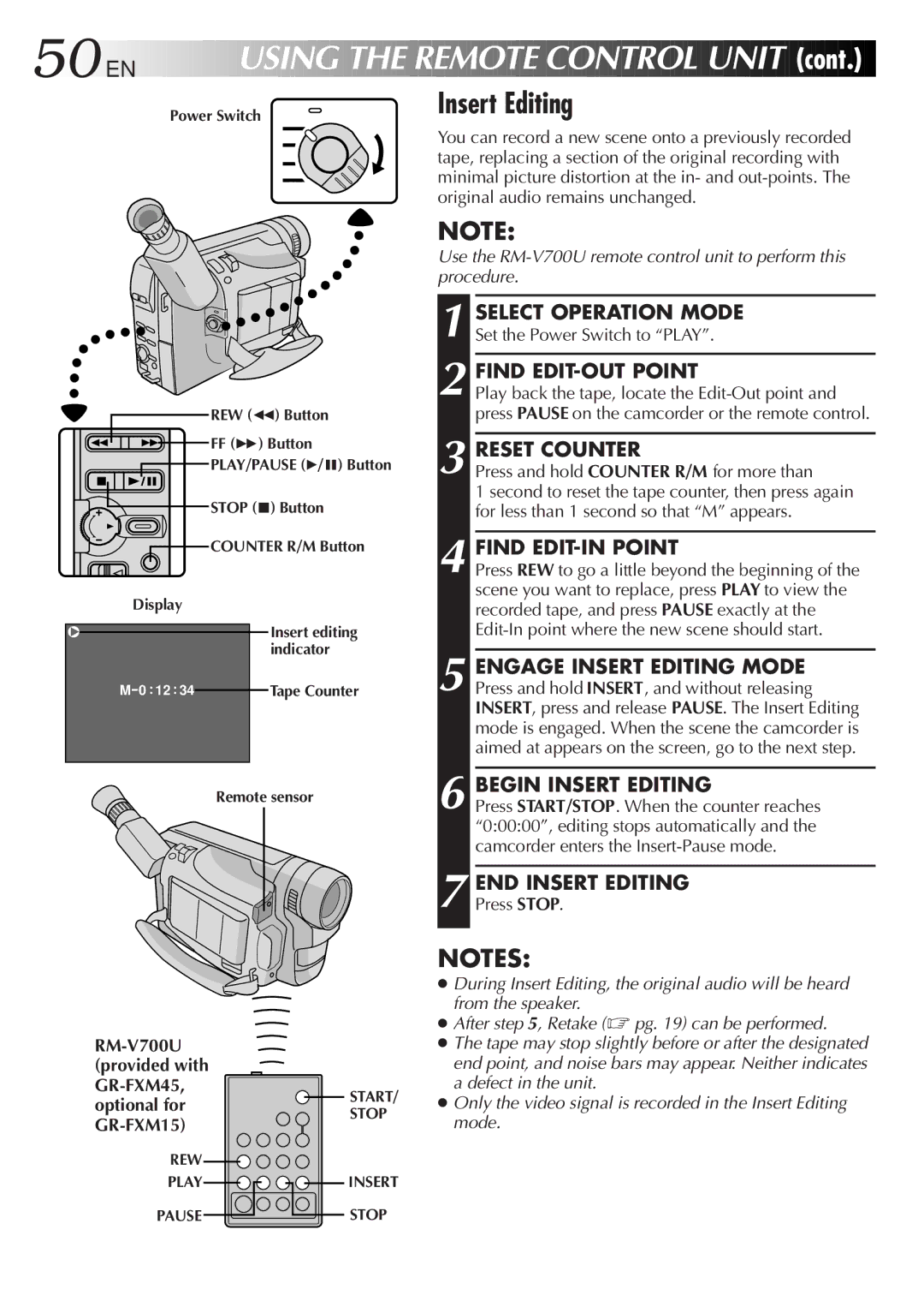 JVC GR-FXM45 specifications Find EDIT-OUT Point, Reset Counter, Begin Insert Editing, END Insert Editing 