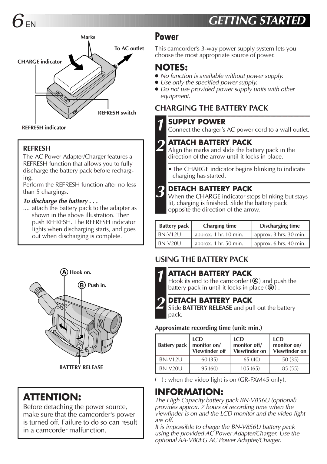 JVC GR-FXM45 specifications Power, Charging the Battery Pack, Using the Battery Pack 