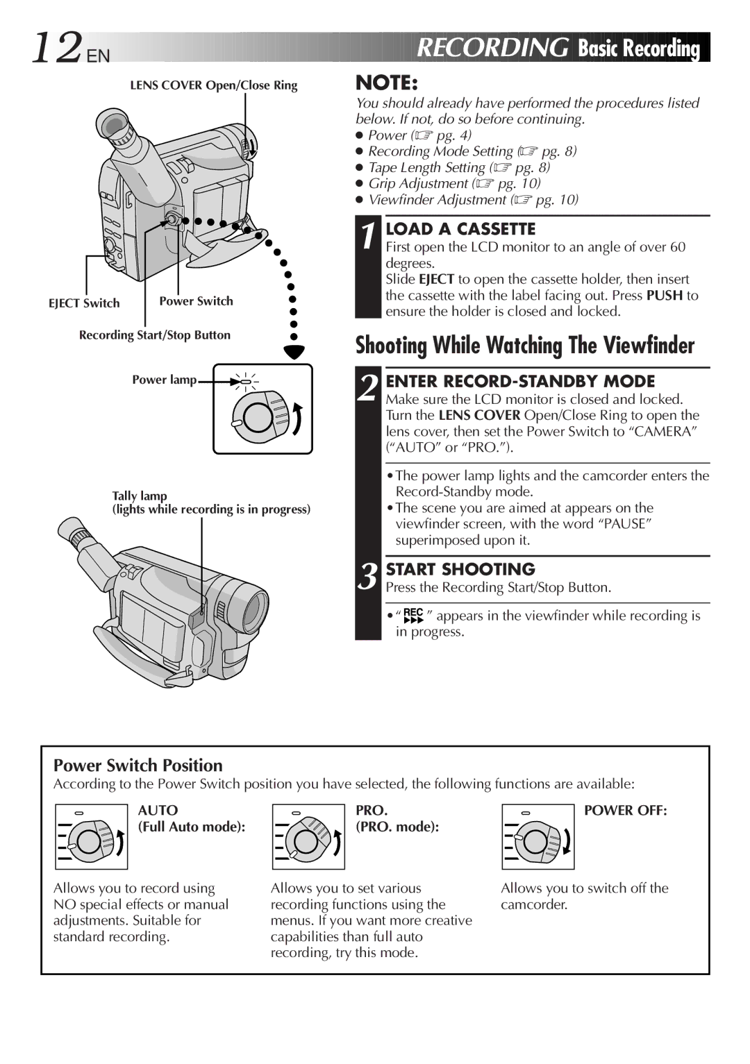 JVC GR-FXM50, LYT0415-001A 12 EN, Recording Basic Recording, Shooting While Watching The Viewfinder, Power Switch Position 