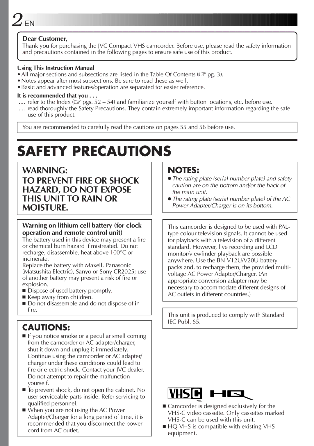 JVC GR-FXM50, LYT0415-001A manual Dear Customer, It is recommended that you 