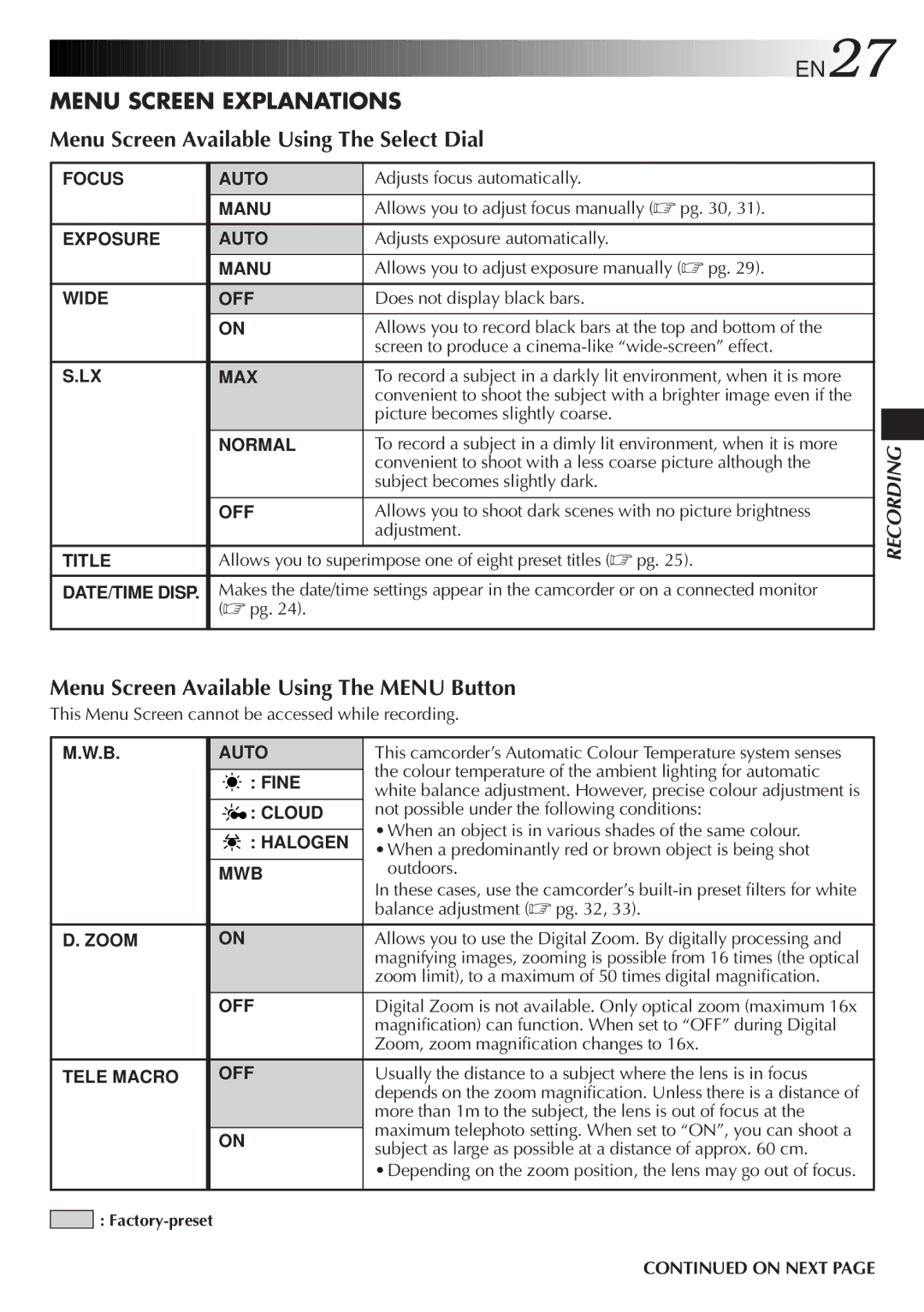 JVC LYT0415-001A, GR-FXM50 manual Menu Screen Explanations, Menu Screen Available Using The Select Dial 