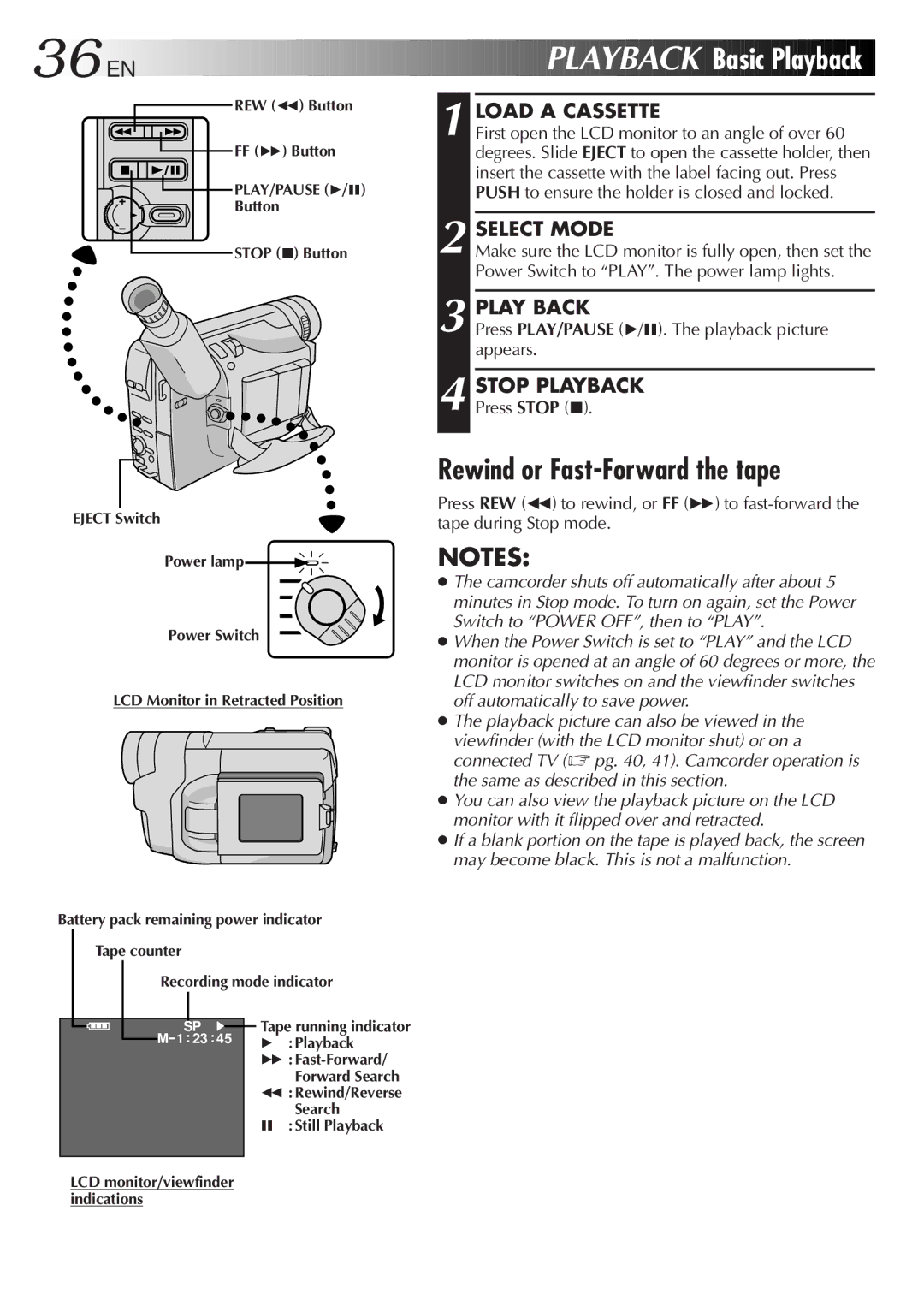 JVC GR-FXM50, LYT0415-001A manual 36 EN, Playback Basic Playback, Rewind or Fast-Forward the tape, Play Back, Stop Playback 