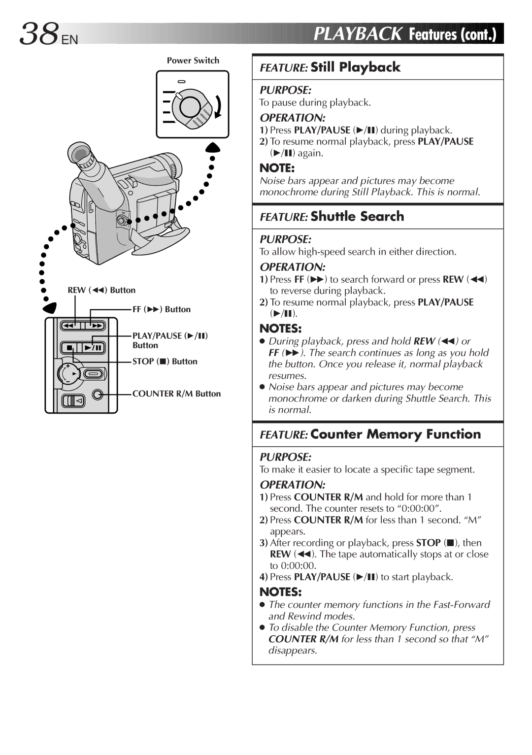 JVC GR-FXM50 38 EN, Playback Features, Feature Still Playback, Feature Shuttle Search, Feature Counter Memory Function 