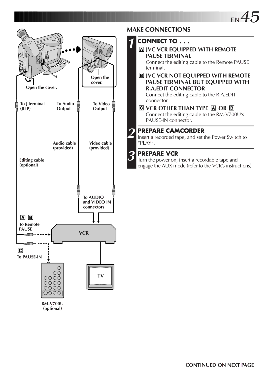 JVC LYT0415-001A Make Connections, JVC VCR Equipped with Remote Pause Terminal, VCR Other than Type or, Prepare Camcorder 