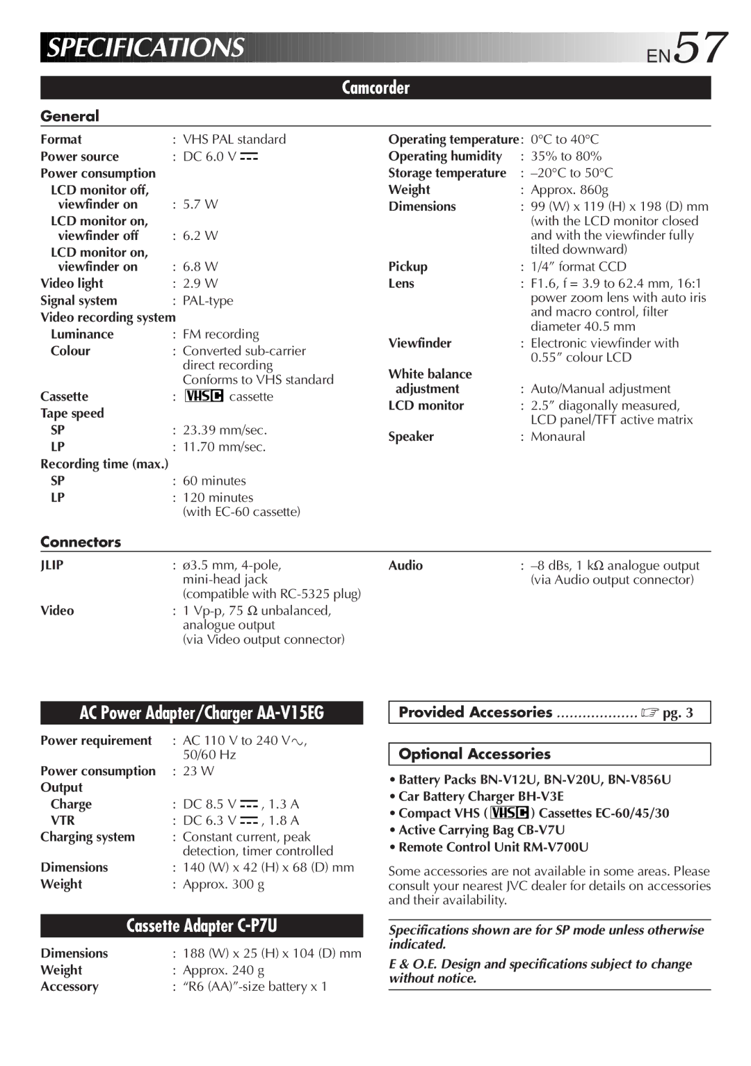 JVC LYT0415-001A, GR-FXM50 manual General, Connectors, Provided Accessories Optional Accessories, Operating temperature 