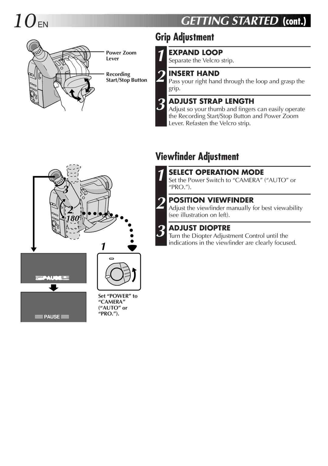 JVC GR-FXM55, GR-FXM35 manual 10 EN, Grip Adjustment, Viewfinder Adjustment 