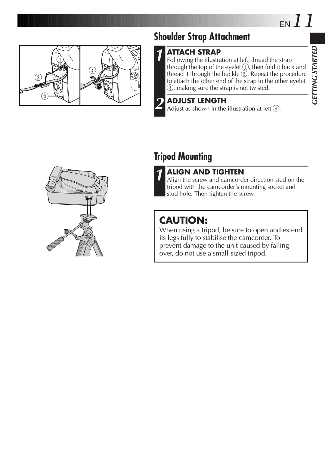 JVC GR-FXM35, GR-FXM55 manual Shoulder Strap Attachment, Tripod Mounting, Attach Strap, Adjust Length, Align and Tighten 