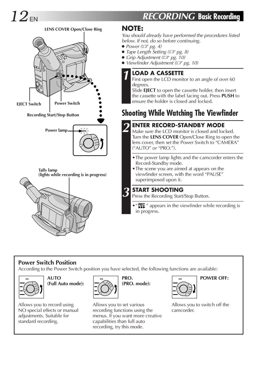 JVC GR-FXM55, GR-FXM35 manual 12 EN, Recording Basic Recording, Power Switch Position, Load a Cassette, Start Shooting 