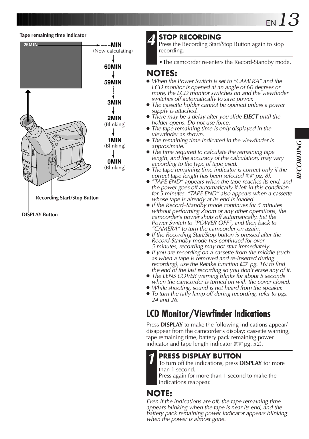 JVC GR-FXM35, GR-FXM55 manual LCD Monitor/Viewfinder Indications, Stop Recording, Press Display Button 