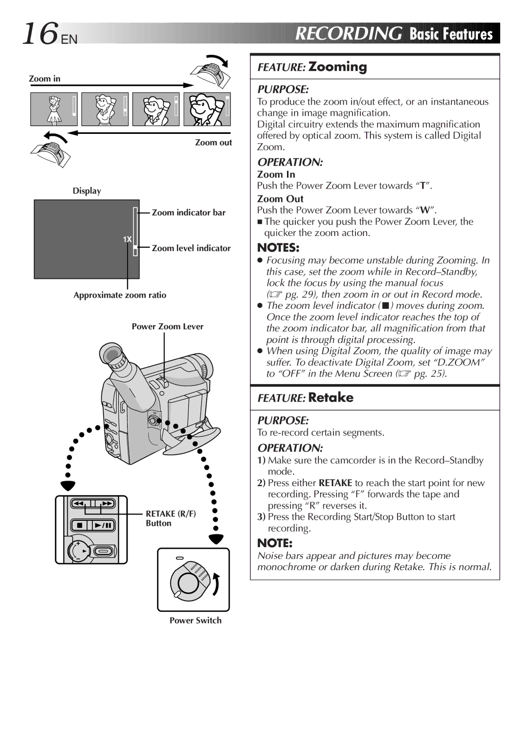 JVC GR-FXM55, GR-FXM35 Basic Features, Push the Power Zoom Lever towards T, Zoom Out, To re-record certain segments 