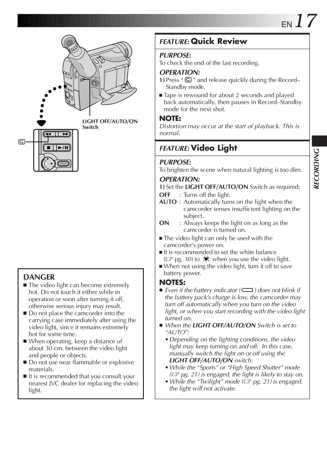 JVC GR-FXM35, GR-FXM55 manual Feature Quick Review, Feature Video Light, To check the end of the last recording 