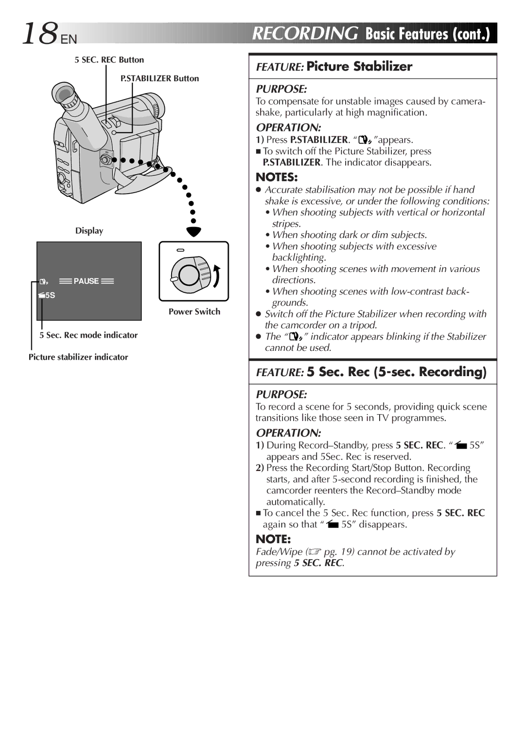 JVC GR-FXM55, GR-FXM35 manual Feature Picture Stabilizer, Feature 5 Sec. Rec 5-sec. Recording, Press P.STABILIZER. appears 