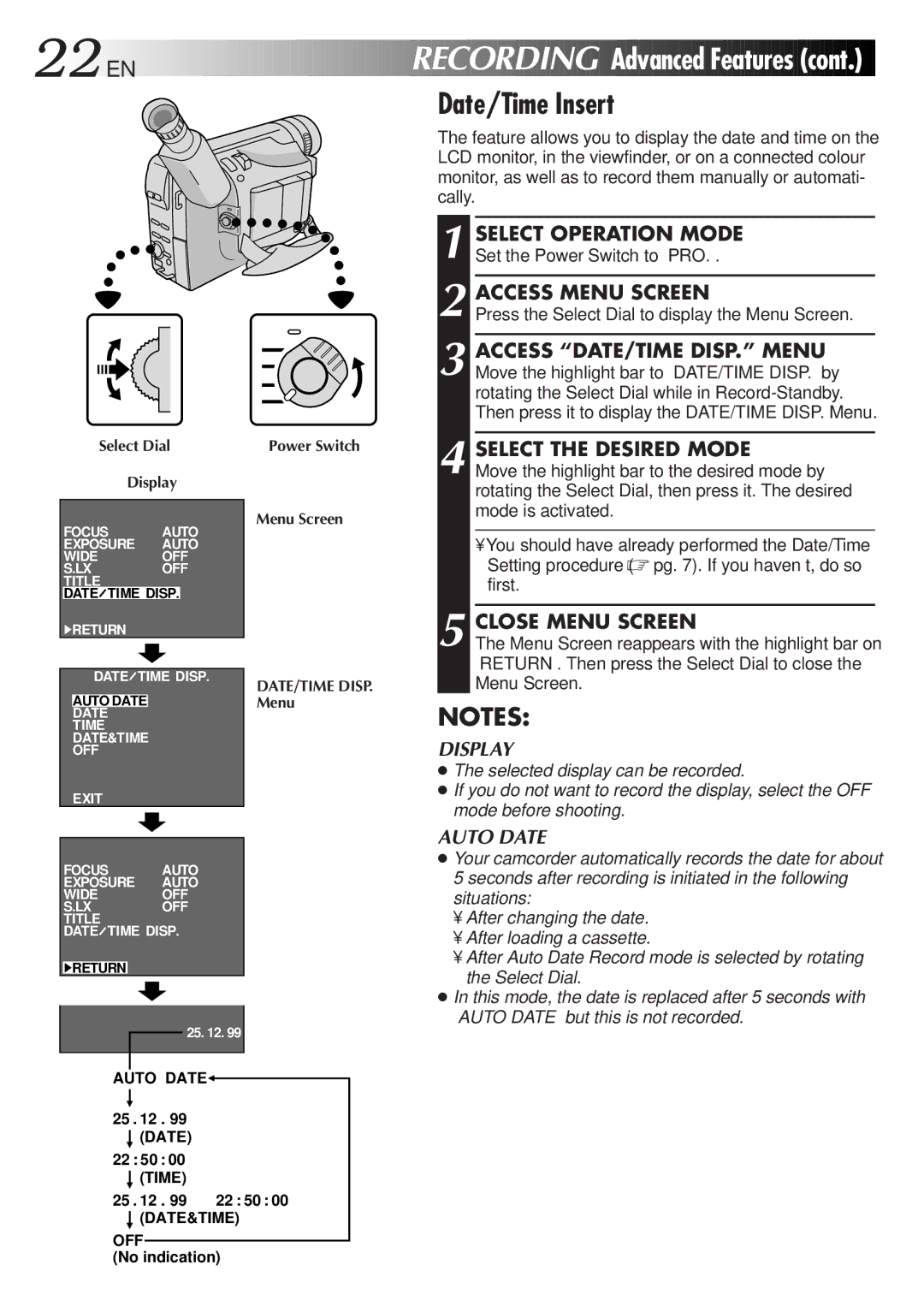 JVC GR-FXM55 manual 22 EN, Recording Advanced Features, Date/Time Insert, Press the Select Dial to display the Menu Screen 