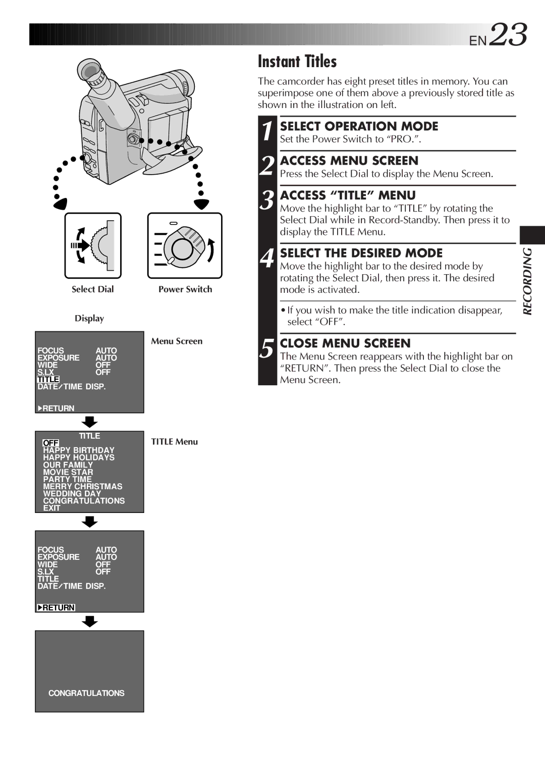 JVC GR-FXM35, GR-FXM55 manual Instant Titles, Access Title Menu, Select the Desired Mode 