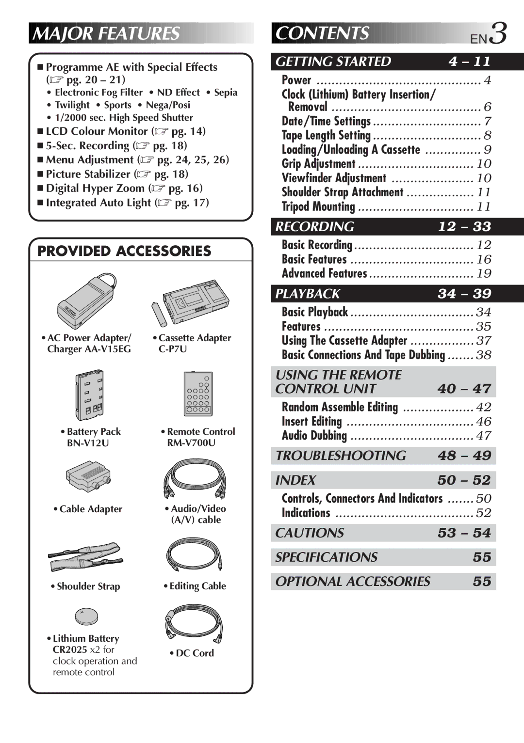 JVC GR-FXM35, GR-FXM55 manual Major Features Contents EN3 