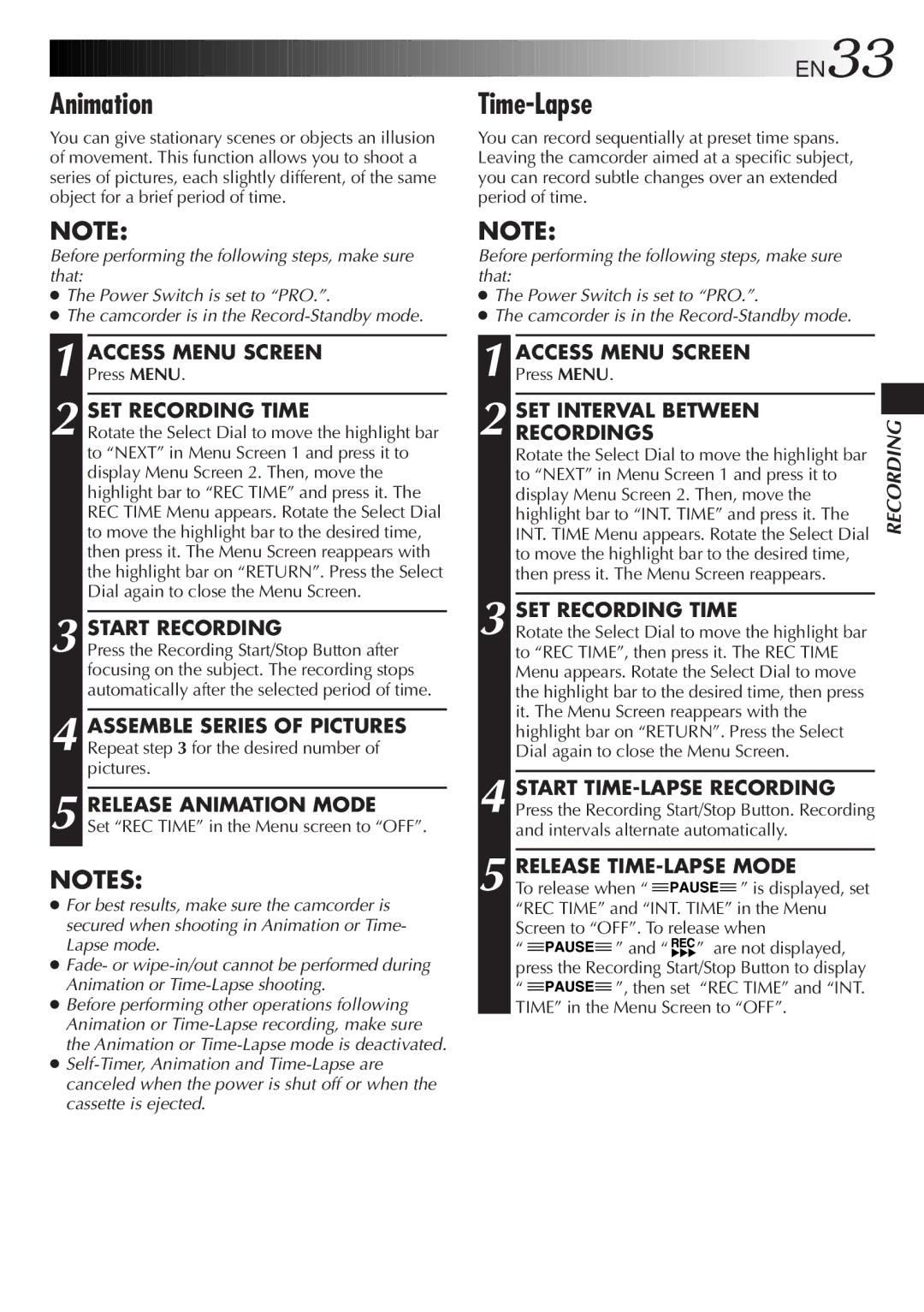 JVC GR-FXM35, GR-FXM55 manual Animation, Time-Lapse 