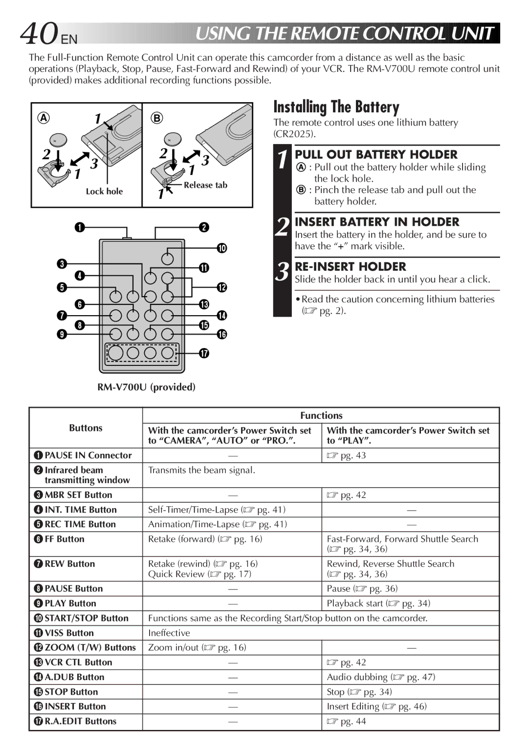 JVC GR-FXM55 manual 40 EN, Installing The Battery, Pull OUT Battery Holder, Remote control uses one lithium battery CR2025 