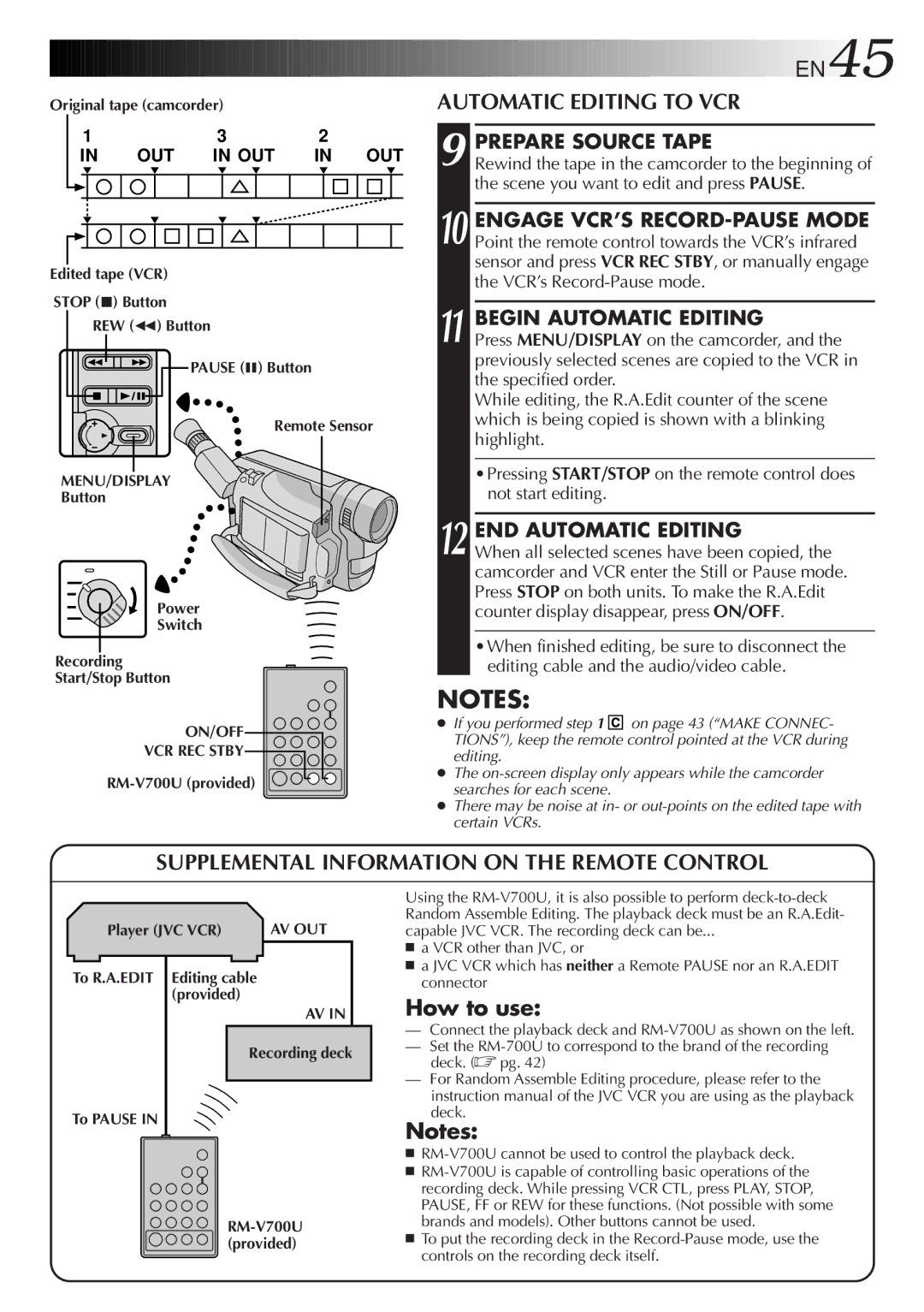 JVC GR-FXM35, GR-FXM55 manual Automatic Editing to VCR, Supplemental Information on the Remote Control, How to use 