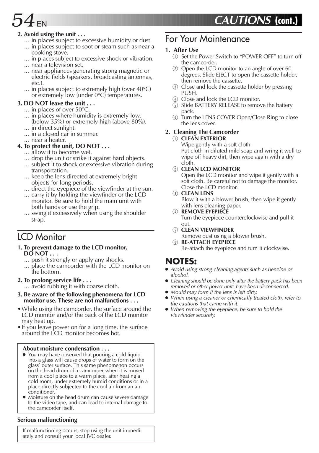 JVC GR-FXM55 Avoid using the unit, Do not leave the unit, To protect the unit, do not, To prolong service life, After Use 