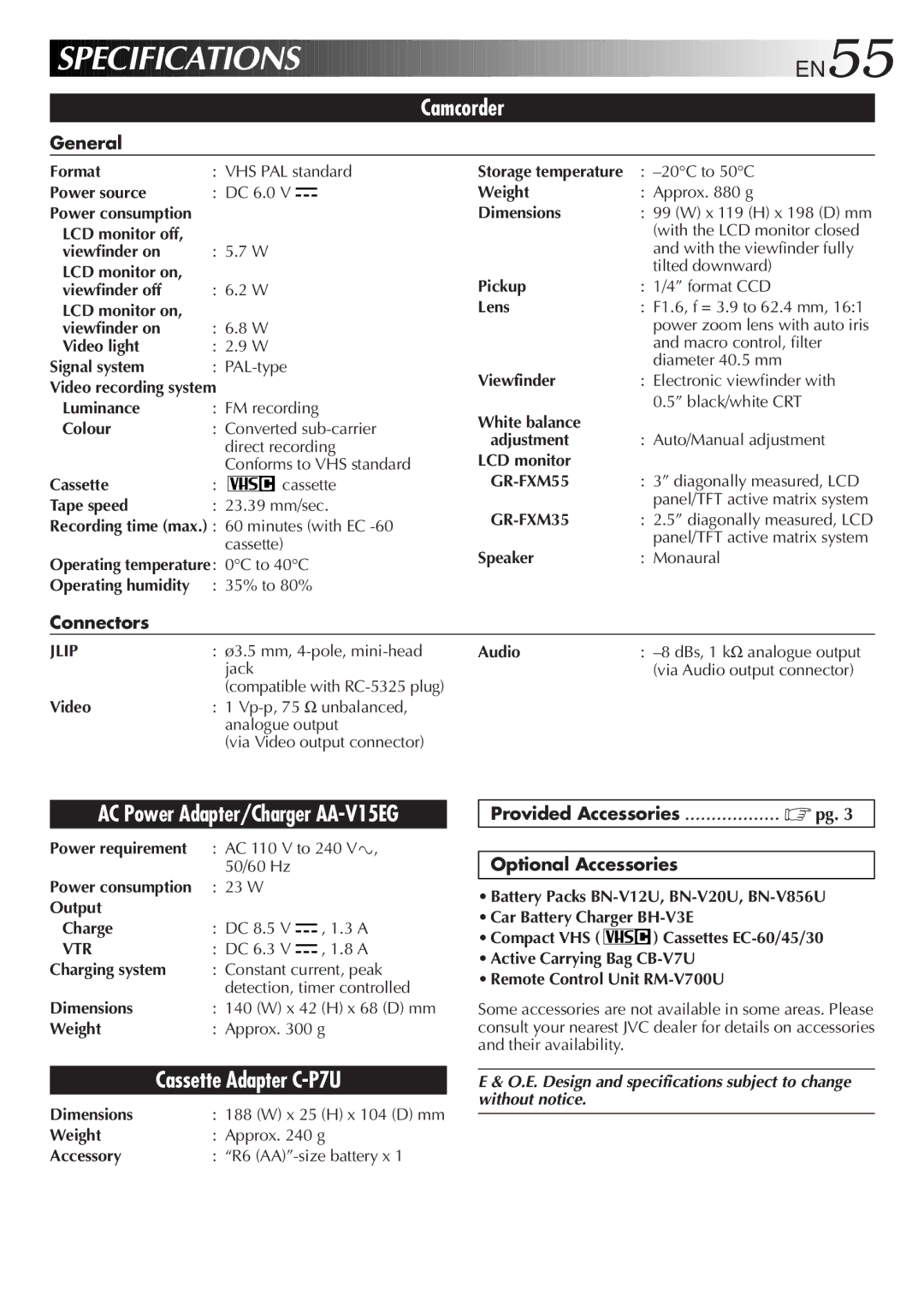 JVC GR-FXM35, GR-FXM55 manual General, Connectors, Provided Accessories Optional Accessories 